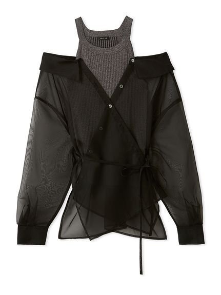 【フレイ アイディー/FRAY I.D】のカシュクールシャツレイヤードニット インテリア・キッズ・メンズ・レディースファッション・服の通販 founy(ファニー) 　ファッション　Fashion　レディースファッション　WOMEN　トップス・カットソー　Tops/Tshirt　ニット　Knit Tops　シャツ/ブラウス　Shirts/Blouses　オーガンジー　Organdy　カシュクール　Cachecoeur　シアー　Sheer　シンプル　Simple　トレンド　Trend　ドッキング　Docking　リブニット　Rib Knit　エレガント 上品　Elegant　BLK[009]|ID: prp329100004522985 ipo3291000000031993960
