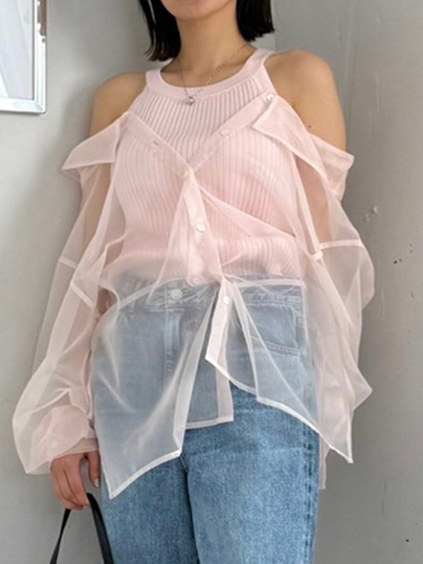 【フレイ アイディー/FRAY I.D】のカシュクールシャツレイヤードニット インテリア・キッズ・メンズ・レディースファッション・服の通販 founy(ファニー) 　ファッション　Fashion　レディースファッション　WOMEN　トップス・カットソー　Tops/Tshirt　ニット　Knit Tops　シャツ/ブラウス　Shirts/Blouses　オーガンジー　Organdy　カシュクール　Cachecoeur　シアー　Sheer　シンプル　Simple　トレンド　Trend　ドッキング　Docking　リブニット　Rib Knit　エレガント 上品　Elegant　PNK[066]|ID: prp329100004522985 ipo3291000000031993961