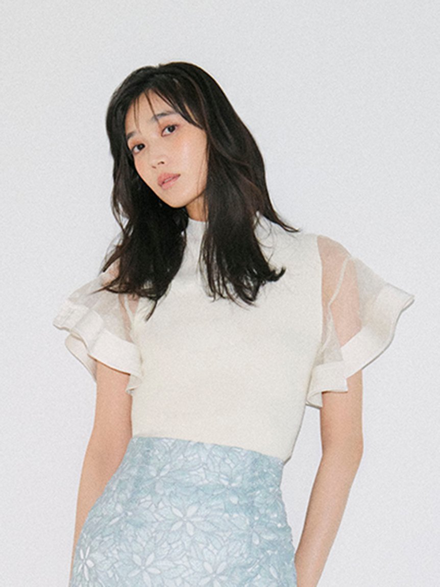 【フレイ アイディー/FRAY I.D】のラッフルブレードフリルニット 人気、トレンドファッション・服の通販 founy(ファニー) 　ファッション　Fashion　レディースファッション　WOMEN　トップス・カットソー　Tops/Tshirt　ニット　Knit Tops　エレガント 上品　Elegant　オーガンジー　Organdy　サテン　Satin　スリーブ　Sleeve　バランス　Balance　フィット　Fit　フリル　Frills　ボトム　Bottom　 other-1|ID: prp329100004523083 ipo3291000000031994777