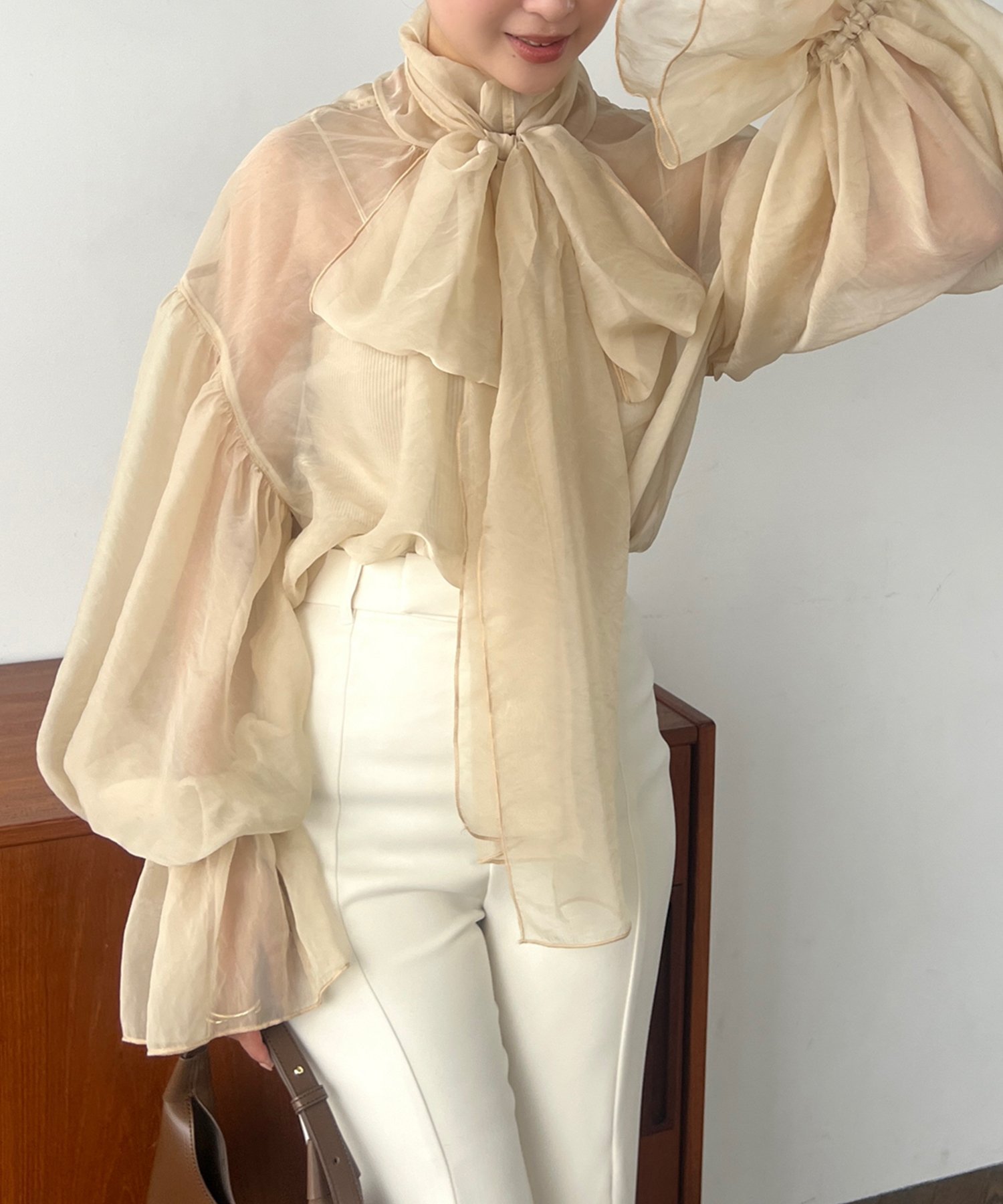 【アニュアンス/anuans】のシアーボウタイボリュームブラウス インテリア・キッズ・メンズ・レディースファッション・服の通販 founy(ファニー) 　ファッション　Fashion　レディースファッション　WOMEN　トップス・カットソー　Tops/Tshirt　シャツ/ブラウス　Shirts/Blouses　オーガンジー　Organdy　シンプル　Simple　ドッキング　Docking　YELLOW BEIGE|ID: prp329100004523284 ipo3291000000031996669