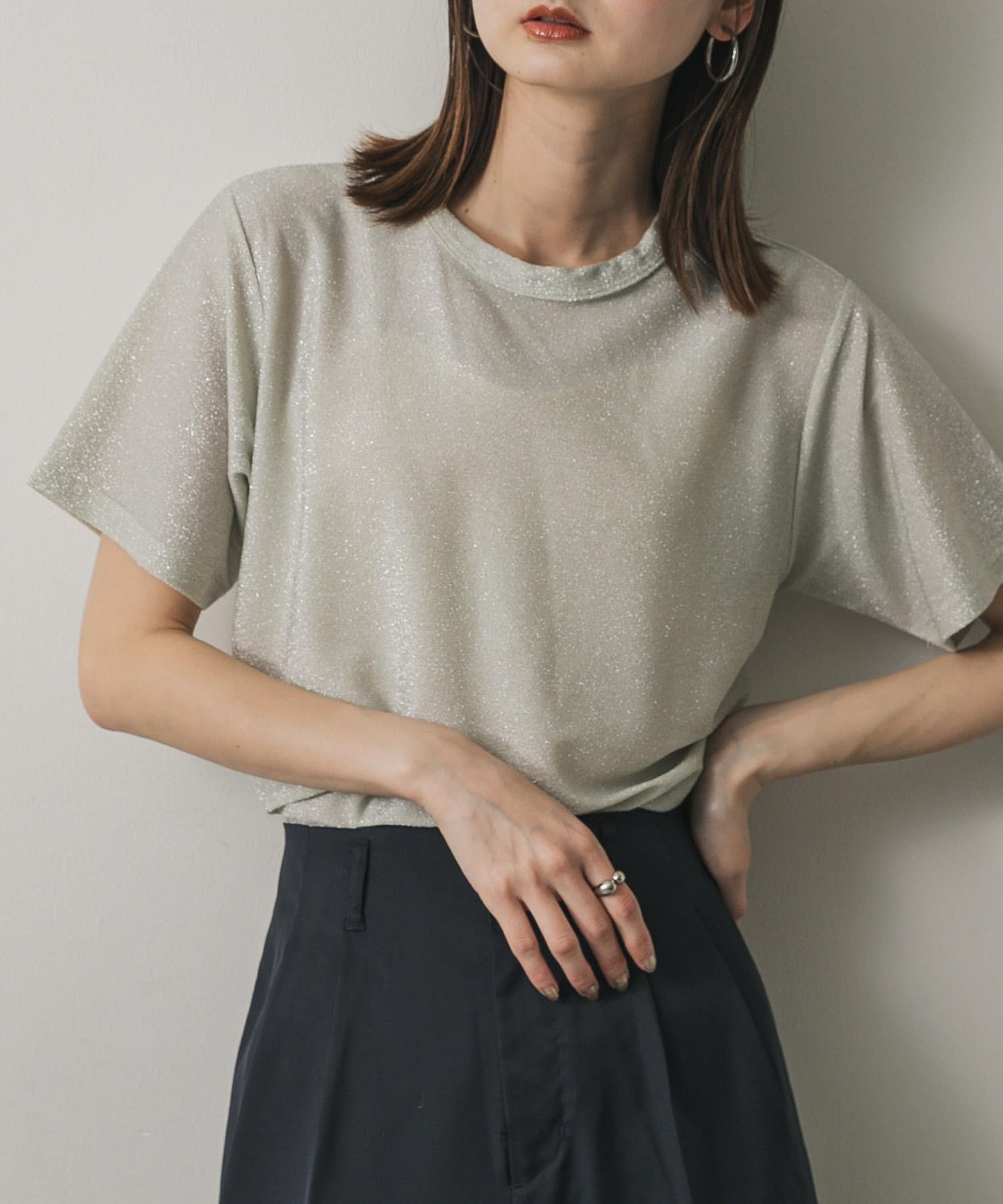 【センスオブプレイス/SENSE OF PLACE by URBAN RESEARCH】のクルーネックラメTシャツ(半袖) インテリア・キッズ・メンズ・レディースファッション・服の通販 founy(ファニー) 　ファッション　Fashion　レディースファッション　Ladies' Fashion Online　トップス・カットソー　Tops/Tshirt　シャツ/ブラウス　Shirts/Blouses　ロング / Tシャツ　T-Shirts　2025年　2025　2025春夏・S/S　Ss,Spring/Summer,2025　おすすめ　Recommend　インナー　Inner　半袖　Short Sleeve　夏　Summer　S/S・春夏　Ss・Spring/Summer　SILVER|ID: prp329100004523348 ipo3291000000032625229