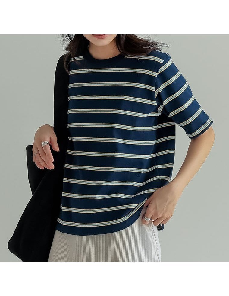 【リエディ/Re:EDIT】のコットンブレンドボーダーor花柄Tシャツ インテリア・キッズ・メンズ・レディースファッション・服の通販 founy(ファニー) 　ファッション　Fashion　レディースファッション　WOMEN　トップス・カットソー　Tops/Tshirt　シャツ/ブラウス　Shirts/Blouses　ロング / Tシャツ　T-Shirts　花柄・フラワープリント・モチーフ　Flower Patterns　おすすめ　Recommend　キャップ　Cap　コンパクト　Compact　ストレッチ　Stretch　デニム　Denim　バランス　Balance　フェミニン　Feminine　ボーダー　Border　メガネ　Glasses　ワッフル　Waffle　定番　Standard　無地　Plain Color　マルチネイビー|ID: prp329100004523354 ipo3291000000031997057