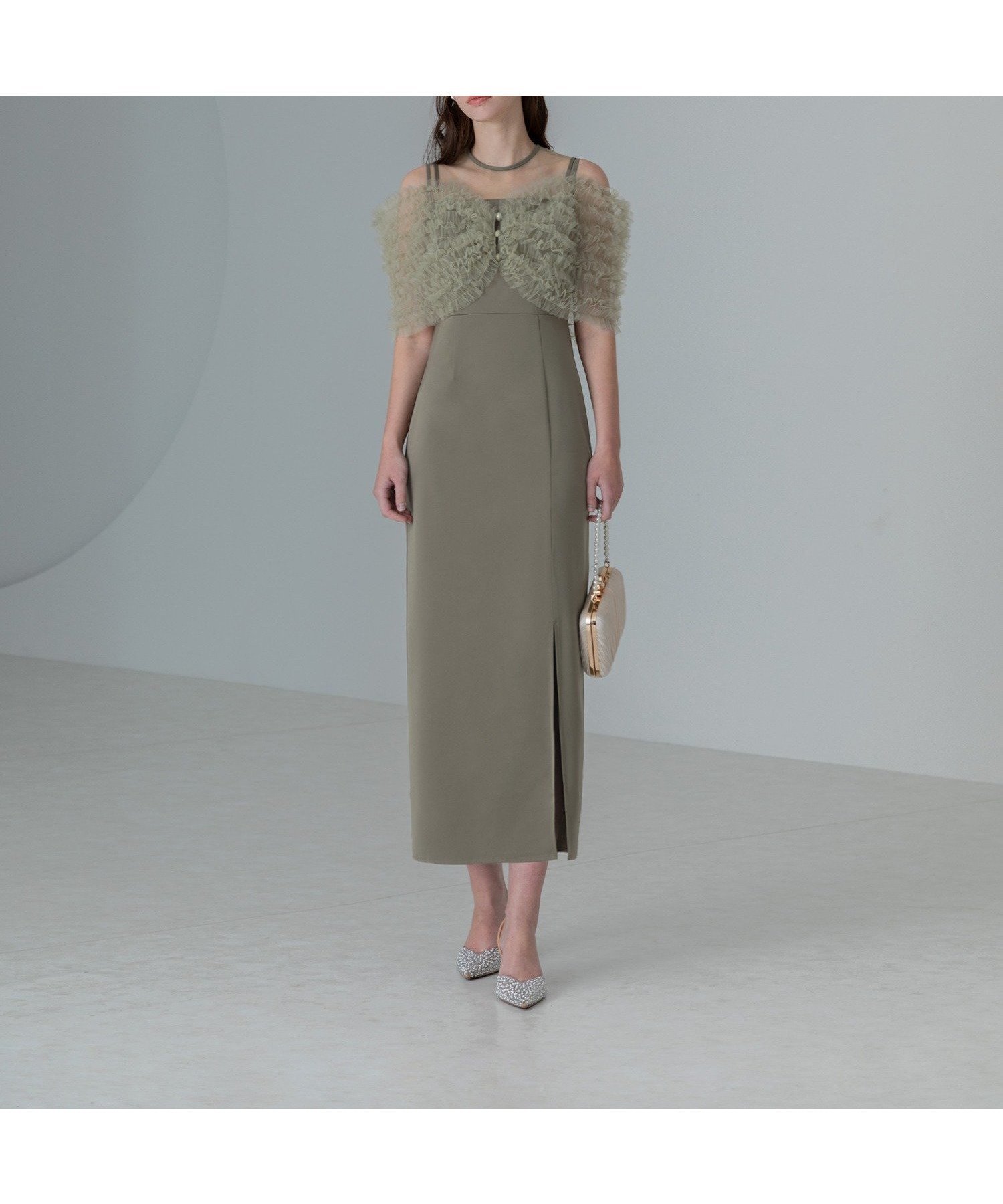【その他のブランド/Other】のLEJA-チュールフリルビスチェIラインワンピースドレス 結婚式 レディース インテリア・キッズ・メンズ・レディースファッション・服の通販 founy(ファニー) 　ファッション　Fashion　レディースファッション　Fashion for Women　ワンピース　Dresses　フォーマル・パーティードレス・結婚式用ドレス　Elegant & Casual Dresses　エレガント 上品　Elegant　オケージョン　Occasion Wear　シアー　Sheer, See-Through　スリット　Slit, Slit Detail　デコルテ　Décolleté, Neckline　ドレス　Dress, One-Piece　ビスチェ　Bustier, Corset Top　フィット　Fit, Slim Fit　フォーマル　Formal, Dressy　フリル　Frill, Ruffle　フロント　Front, Front Design　マーメイド　Mermaid, Fishtail Silhouette　ラップ　Wrap, Wrap Design　結婚式　Wedding　披露宴　Wedding Reception　二次会　After Party　GREEN|ID: prp329100004523400 ipo3291000000032752514