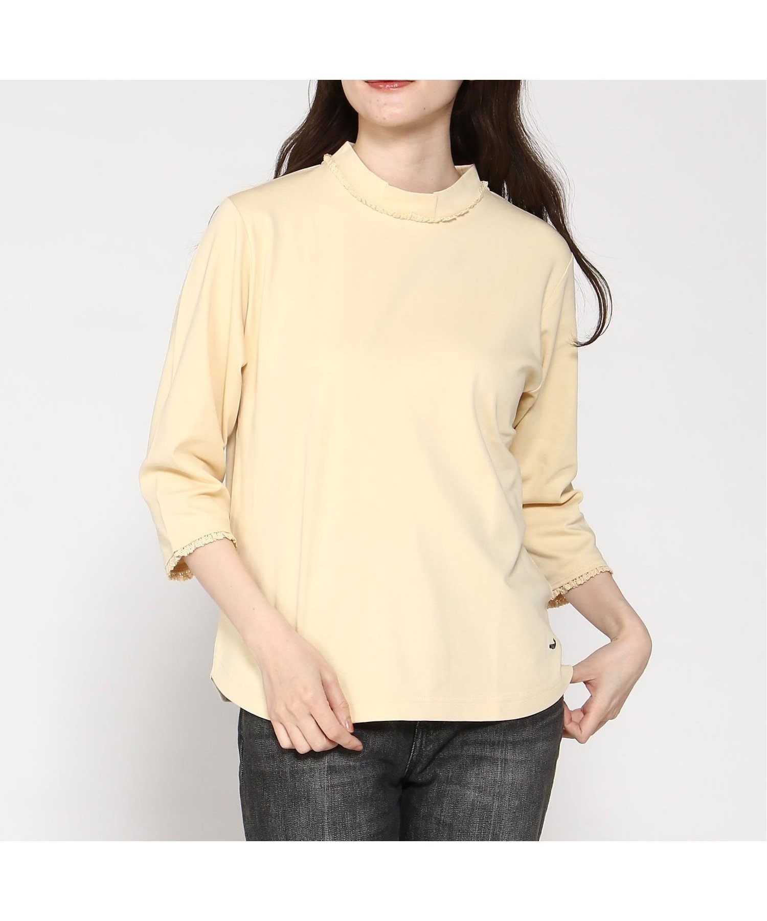 【クロコダイル/CROCODILE】のストレッチレース 七分袖 Tシャツ インテリア・キッズ・メンズ・レディースファッション・服の通販 founy(ファニー) 　ファッション　Fashion　レディースファッション　Fashion for Women　トップス・カットソー　Cut & Sew Tops　シャツ・ブラウス・オフィスカジュアル　Elegant Blouses & Button-Ups　ロングTシャツ・Tシャツ　Longline T-Shirts & Tees　インナー　Innerwear　シンプル　Simple, Minimal　ストレッチ　Stretch, Stretchy Fabric　ハイネック　High Neck, Mock Neck　レース　Lace, Lace Fabric　クリーム|ID: prp329100004523431 ipo3291000000033901427