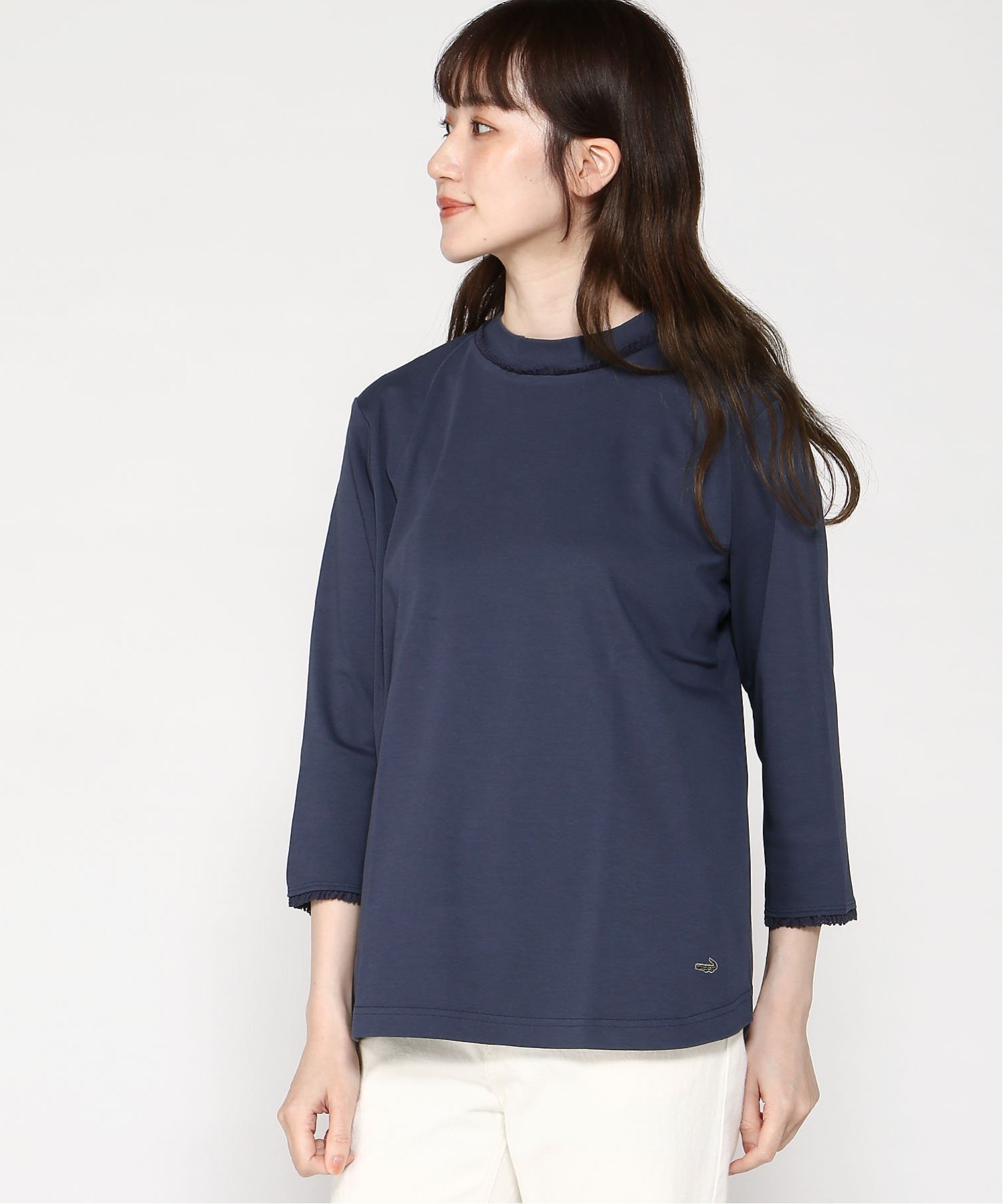 【クロコダイル/CROCODILE】のストレッチレース 七分袖 Tシャツ インテリア・キッズ・メンズ・レディースファッション・服の通販 founy(ファニー) 　ファッション　Fashion　レディースファッション　Fashion for Women　トップス・カットソー　Cut & Sew Tops　シャツ・ブラウス・オフィスカジュアル　Elegant Blouses & Button-Ups　ロングTシャツ・Tシャツ　Longline T-Shirts & Tees　インナー　Innerwear　シンプル　Simple, Minimal　ストレッチ　Stretch, Stretchy Fabric　ハイネック　High Neck, Mock Neck　レース　Lace, Lace Fabric　ネイビー|ID: prp329100004523431 ipo3291000000033901429