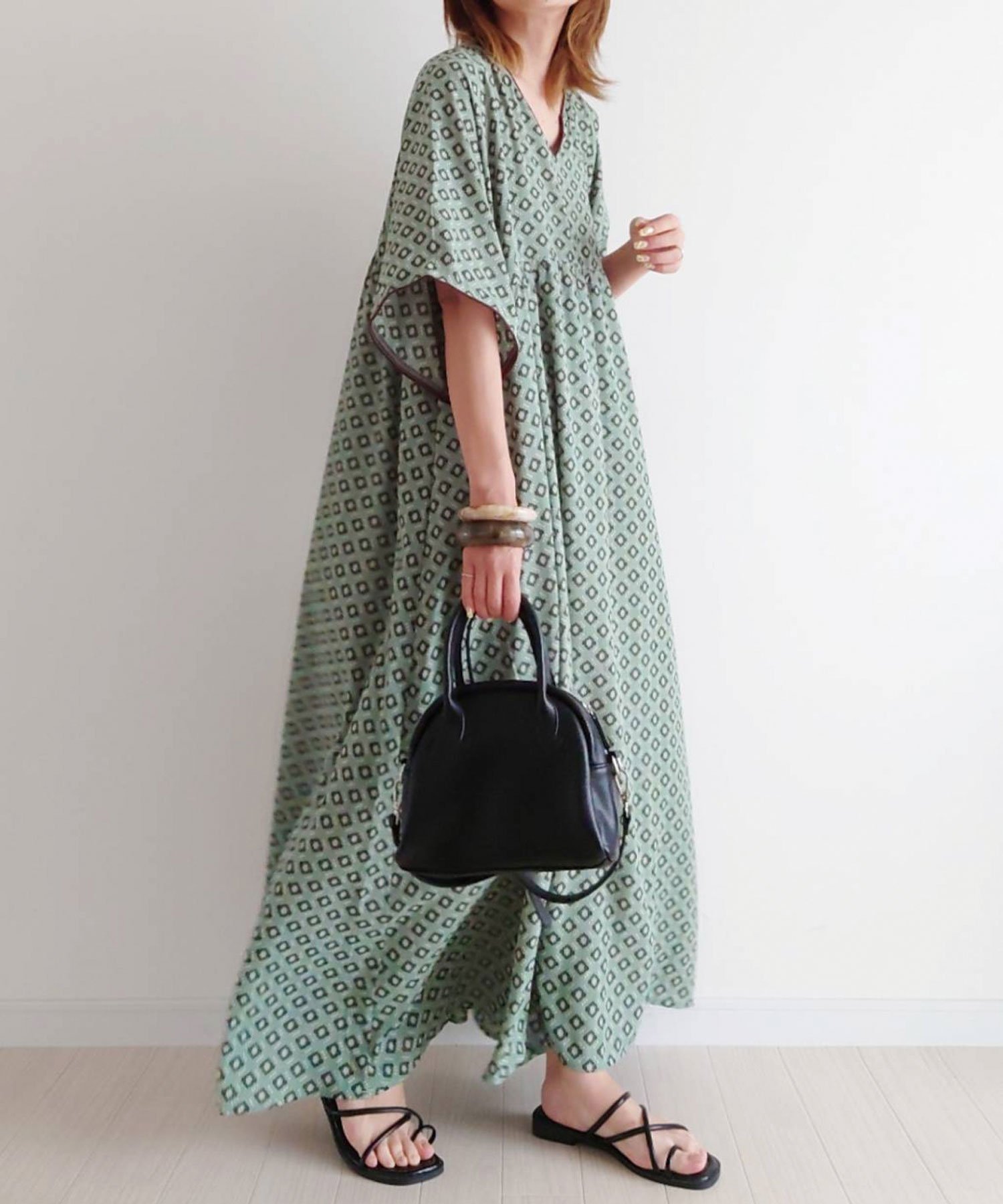 【コーナーズ/CORNERS】のCORNERS by yui コモン柄カフタンワンピース インテリア・キッズ・メンズ・レディースファッション・服の通販 founy(ファニー) 　ファッション　Fashion　レディースファッション　WOMEN　ワンピース　Dress　ミント|ID: prp329100004524266 ipo3291000000032002527