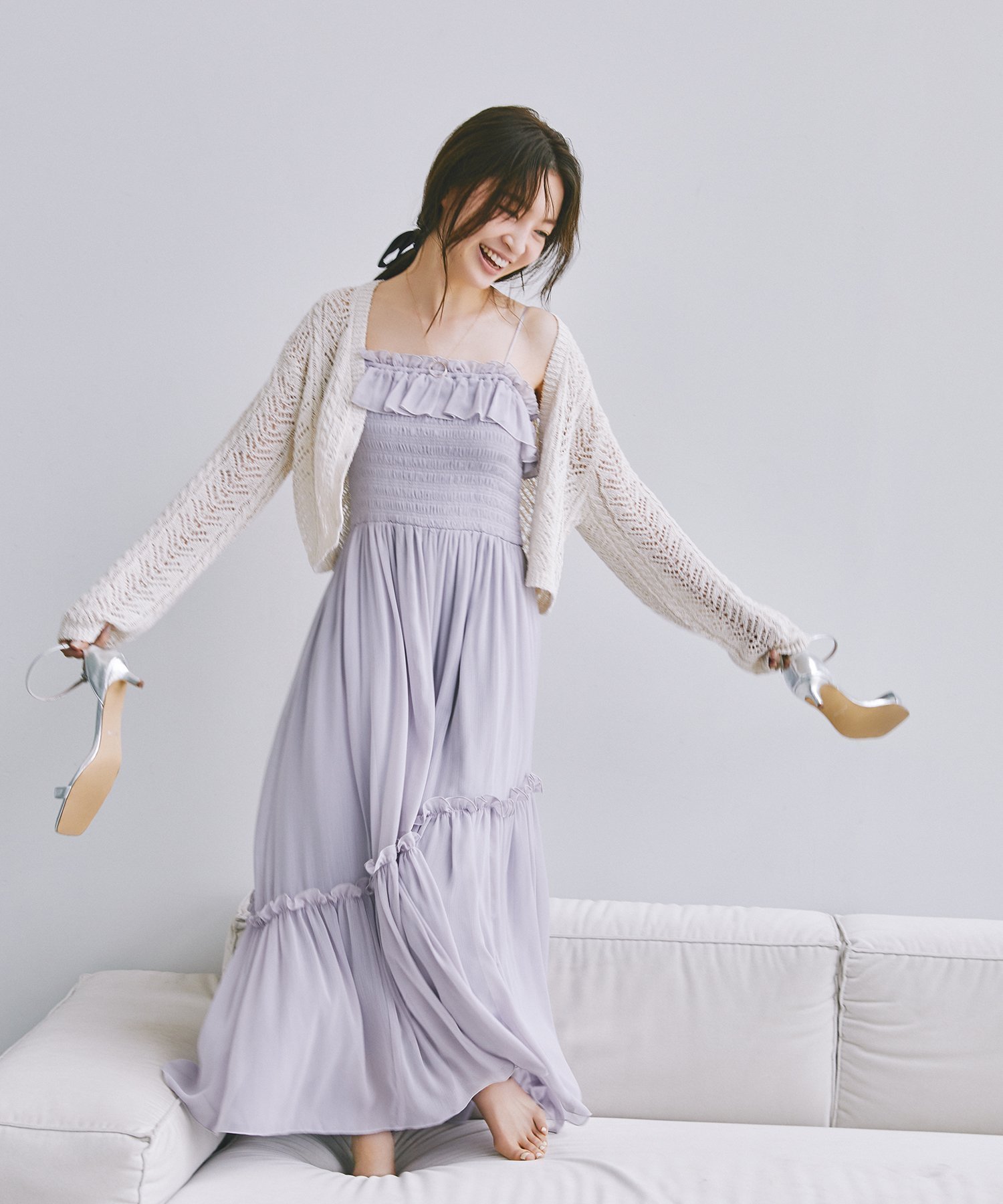 【ナチュラル ビューティー ベーシック/NATURAL BEAUTY BASIC】のフリルシャーリングキャミワンピース インテリア・キッズ・メンズ・レディースファッション・服の通販 founy(ファニー) 　ファッションモデル・俳優・女優　Models　女性　Women　上西星来　Jonishi Seira　ファッション　Fashion　レディースファッション　WOMEN　ワンピース　Dress　キャミワンピース　No Sleeve Dresses　ギャザー　Gather　シャーリング　Shirring　フィット　Fit　フェミニン　Feminine　フリル　Frills　ライラック|ID: prp329100004524438 ipo3291000000032003244