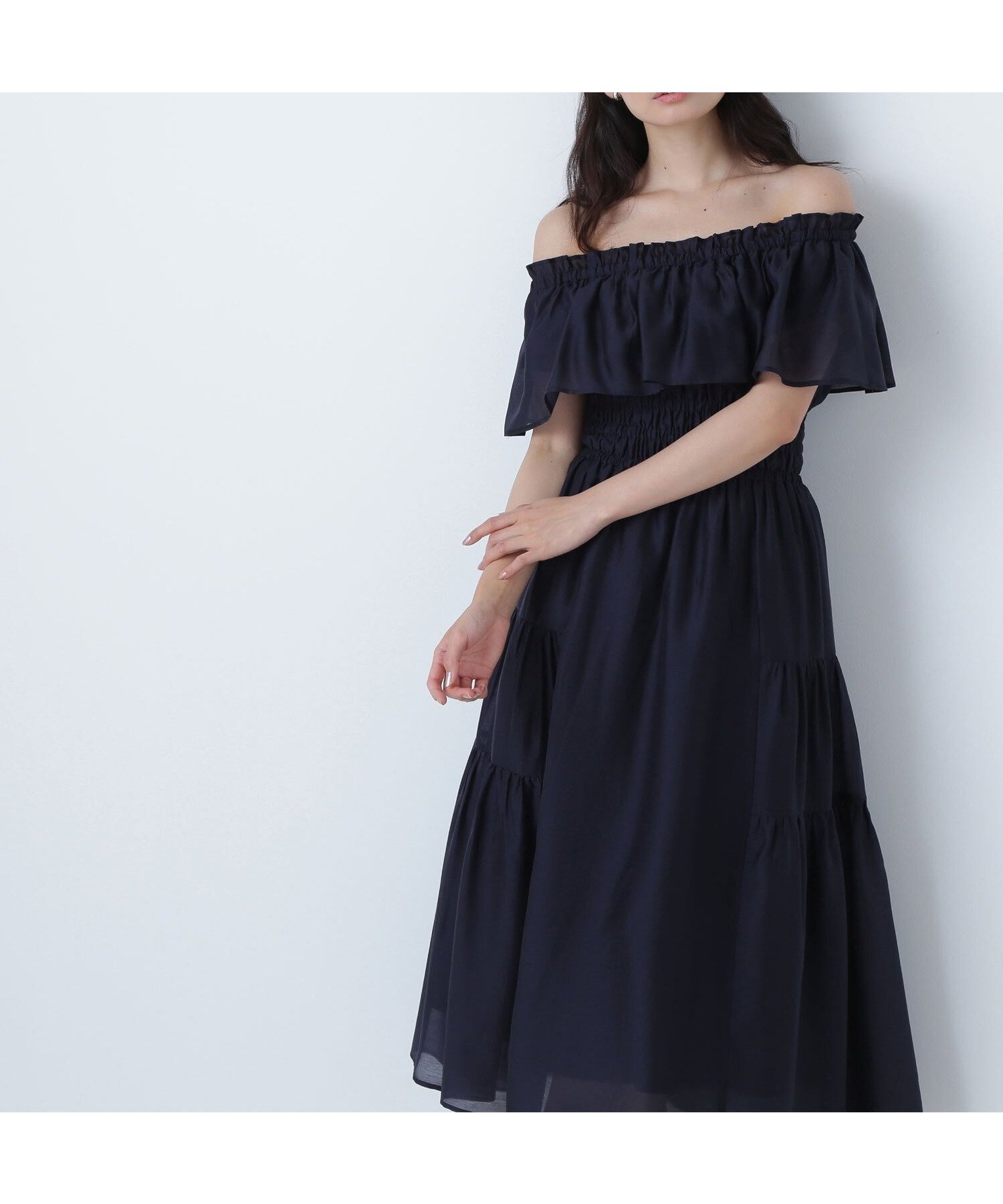 【ナチュラル ビューティー ベーシック/NATURAL BEAUTY BASIC】のシアーオフショルワンピース インテリア・キッズ・メンズ・レディースファッション・服の通販 founy(ファニー) 　ファッション　Fashion　レディースファッション　WOMEN　ワンピース　Dress　オフショル　Off Shoulder　シアー　Sheer　スリーブ　Sleeve　ティアード　Tiered　フレンチ　French　人気　Popularity　ネイビー|ID: prp329100004524468 ipo3291000000032190800