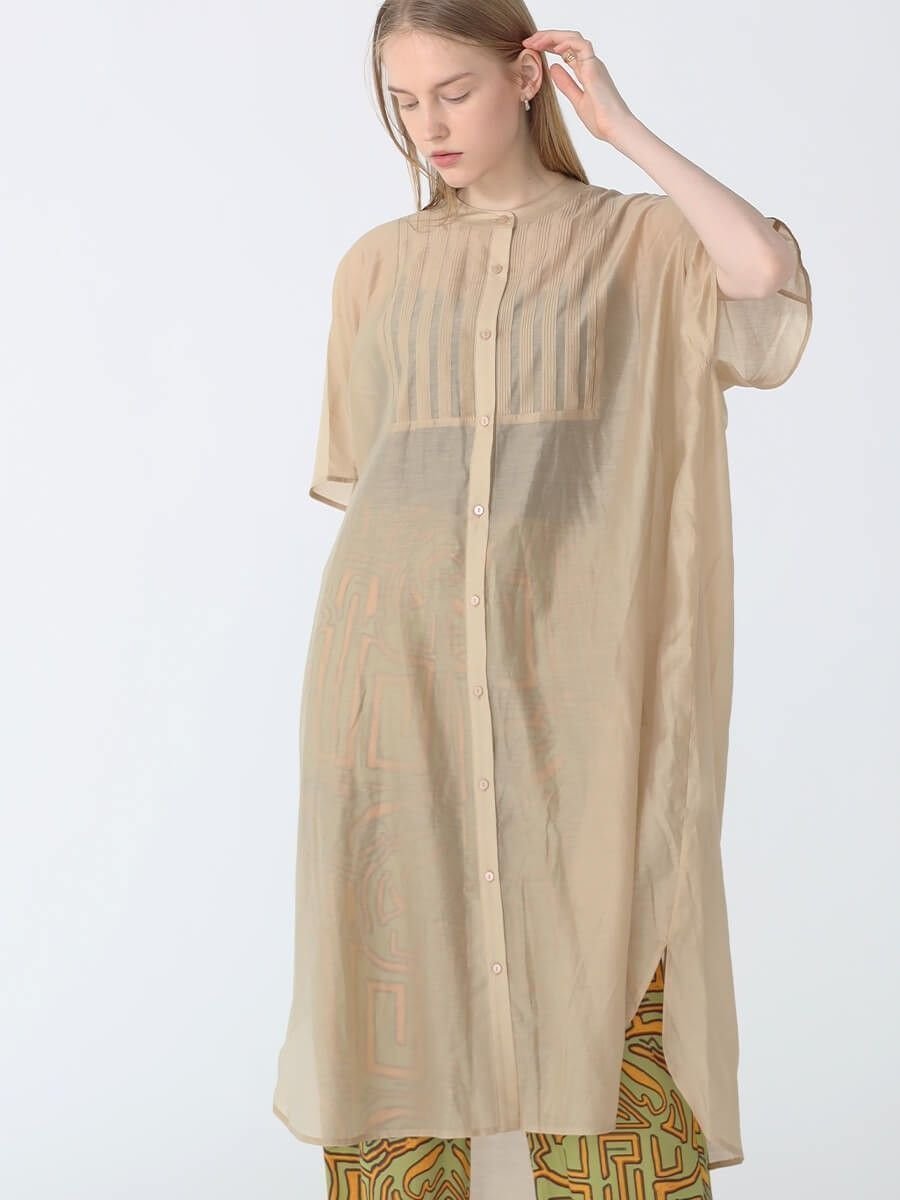 【ラシュッド/LASUD】のピンタックシアーシャツワンピース インテリア・キッズ・メンズ・レディースファッション・服の通販 founy(ファニー) 　ファッション　Fashion　レディースファッション　WOMEN　ワンピース　Dress　シャツワンピース　Shirt Dresses　なめらか　Smooth　コラボ　Collaboration　ダブル　Double　フロント　Front　ヘムライン　Hemline　エレガント 上品　Elegant　オレンジ|ID: prp329100004524534 ipo3291000000032298967