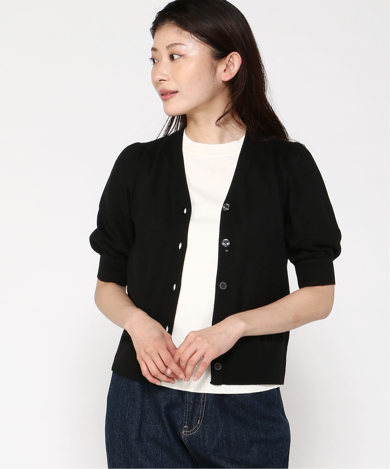 【バナナリパブリック ファクトリーストア/BANANA REPUBLIC FACTORY STORE】のBANANA REPUBLIC FACTORY STORE 日本限定 半袖パフスリーブ フォーエバーカーディガン インテリア・キッズ・メンズ・レディースファッション・服の通販 founy(ファニー) 　ファッション　Fashion　レディースファッション　WOMEN　トップス・カットソー　Tops/Tshirt　カーディガン　Cardigans　カーディガン　Cardigan　スリーブ　Sleeve　ミックス　Mix　半袖　Short Sleeve　BR_BLACK|ID: prp329100004524689 ipo3291000000032333254