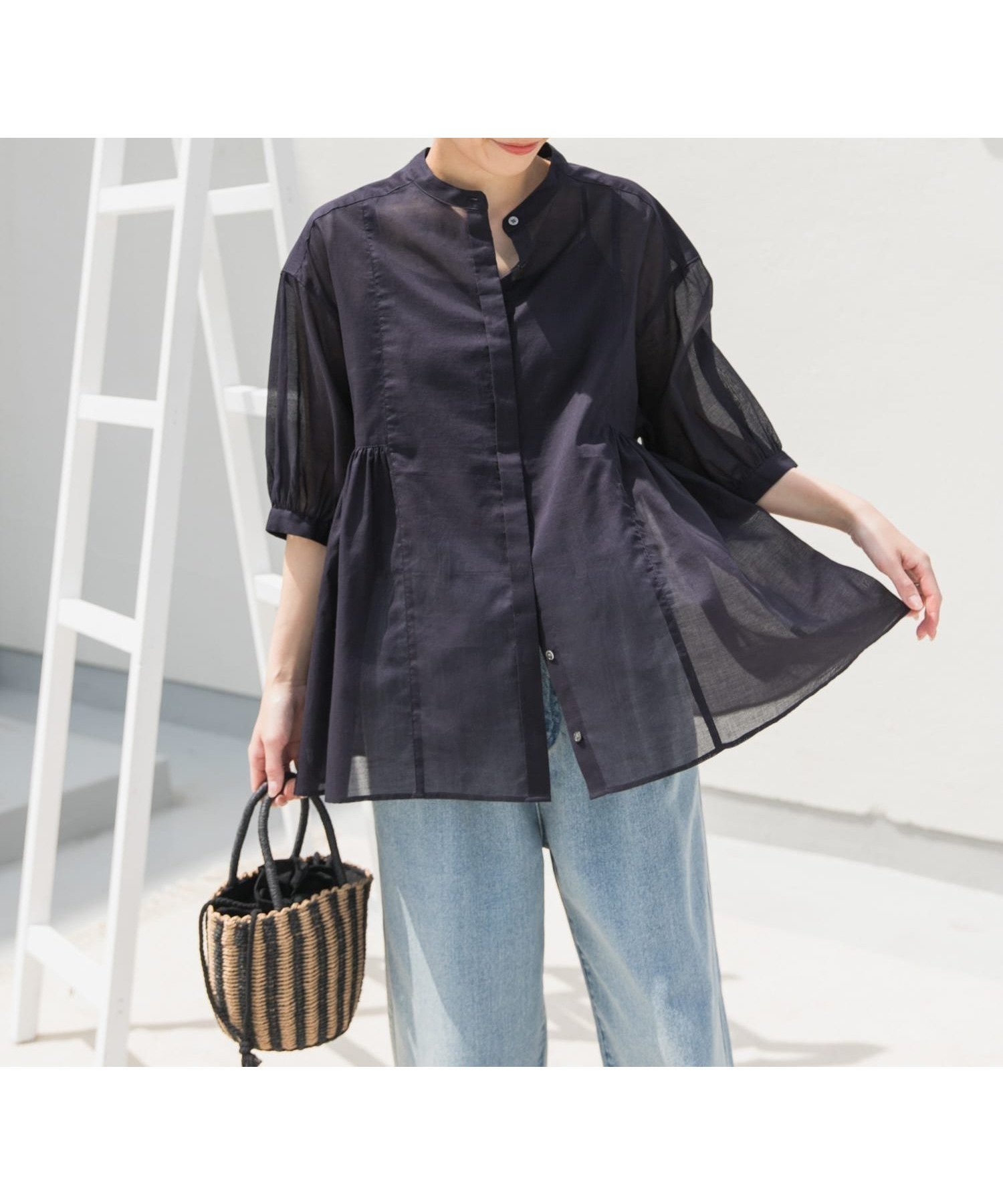 【アーバンリサーチ ドアーズ/URBAN RESEARCH DOORS】の『UR TECH』ボイルサイドギャザーブラウス インテリア・キッズ・メンズ・レディースファッション・服の通販 founy(ファニー) 　ファッション　Fashion　レディースファッション　WOMEN　トップス・カットソー　Tops/Tshirt　シャツ/ブラウス　Shirts/Blouses　2025年　2025　2025春夏・S/S　Ss,Spring/Summer,2025　ギャザー　Gather　シンプル　Simple　スタンド　Stand　フロント　Front　夏　Summer　抗菌　Antibacterial　S/S・春夏　Ss・Spring/Summer　NAVY|ID: prp329100004524780 ipo3291000000032393742