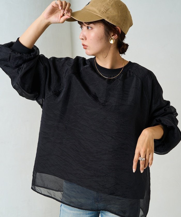 【フリークスストア/FREAK'S STORE】のオーガンジー 重ね ラグラン スウェット【限定展開】 24AW インテリア・キッズ・メンズ・レディースファッション・服の通販 founy(ファニー) 　ファッション　Fashion　レディースファッション　Fashion for Women　トップス・カットソー　Cut & Sew Tops　レディースパーカー・カジュアルフーディー　Casual Hoodies & Sweatshirts　スウェット・クルーネックトップス　Sweatshirts & Crewnecks / Relaxed Fit Sweat Tops　2024年　2024　2024-2025秋冬・A/W　Autumn/Winter 2024–25 AW24–25　冬　Winter / This Winter　おすすめ　Recommended / Our Picks　エアリー　Airy Texture　オーガンジー　Organza Fabric　スウェット / スエット　Sweatshirt, Sweatwear　チェック　Check, Plaid, Tartan　バランス　Balance, Style Balance　ビッグ　Big, Oversized　ベスト　Vest, Waistcoat　ロング　Long, Long-Length　夏　Summer　春　Spring　S/S・春夏　SS, Spring/Summer, Warm Season　秋　Autumn　A/W・秋冬　Autumn/Winter　ブラック|ID: prp329100004524868 ipo3291000000033556972