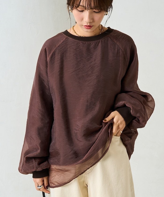 【フリークスストア/FREAK'S STORE】のオーガンジー 重ね ラグラン スウェット【限定展開】 24AW インテリア・キッズ・メンズ・レディースファッション・服の通販 founy(ファニー) 　ファッション　Fashion　レディースファッション　Fashion for Women　トップス・カットソー　Cut & Sew Tops　レディースパーカー・カジュアルフーディー　Casual Hoodies & Sweatshirts　スウェット・クルーネックトップス　Sweatshirts & Crewnecks / Relaxed Fit Sweat Tops　2024年　2024　2024-2025秋冬・A/W　Autumn/Winter 2024–25 AW24–25　冬　Winter / This Winter　おすすめ　Recommended / Our Picks　エアリー　Airy Texture　オーガンジー　Organza Fabric　スウェット / スエット　Sweatshirt, Sweatwear　チェック　Check, Plaid, Tartan　バランス　Balance, Style Balance　ビッグ　Big, Oversized　ベスト　Vest, Waistcoat　ロング　Long, Long-Length　夏　Summer　春　Spring　S/S・春夏　SS, Spring/Summer, Warm Season　秋　Autumn　A/W・秋冬　Autumn/Winter　ブラウン|ID: prp329100004524868 ipo3291000000033556975