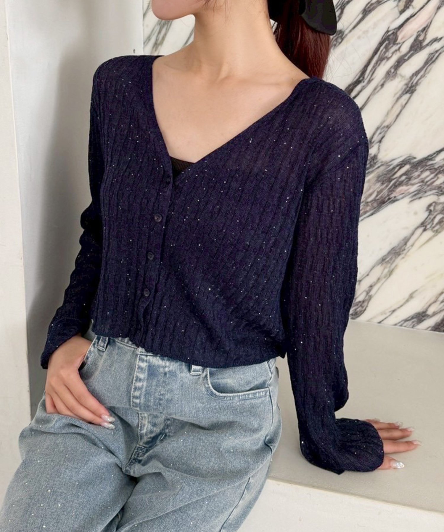 【ナイスクラップ/NICE CLAUP】のスパンコールリブニットカーディガン インテリア・キッズ・メンズ・レディースファッション・服の通販 founy(ファニー) 　ファッション　Fashion　レディースファッション　WOMEN　トップス・カットソー　Tops/Tshirt　ニット　Knit Tops　カーディガン　Cardigans　2025年　2025　2025春夏・S/S　Ss,Spring/Summer,2025　おすすめ　Recommend　カーディガン　Cardigan　キャミソール　Camisole　シアー　Sheer　シンプル　Simple　スパンコール　Sequins　スラックス　Slacks　タンク　Tank　デニム　Denim　トレンド　Trend　エレガント 上品　Elegant　夏　Summer　ネイビー|ID: prp329100004525233 ipo3291000000032006586