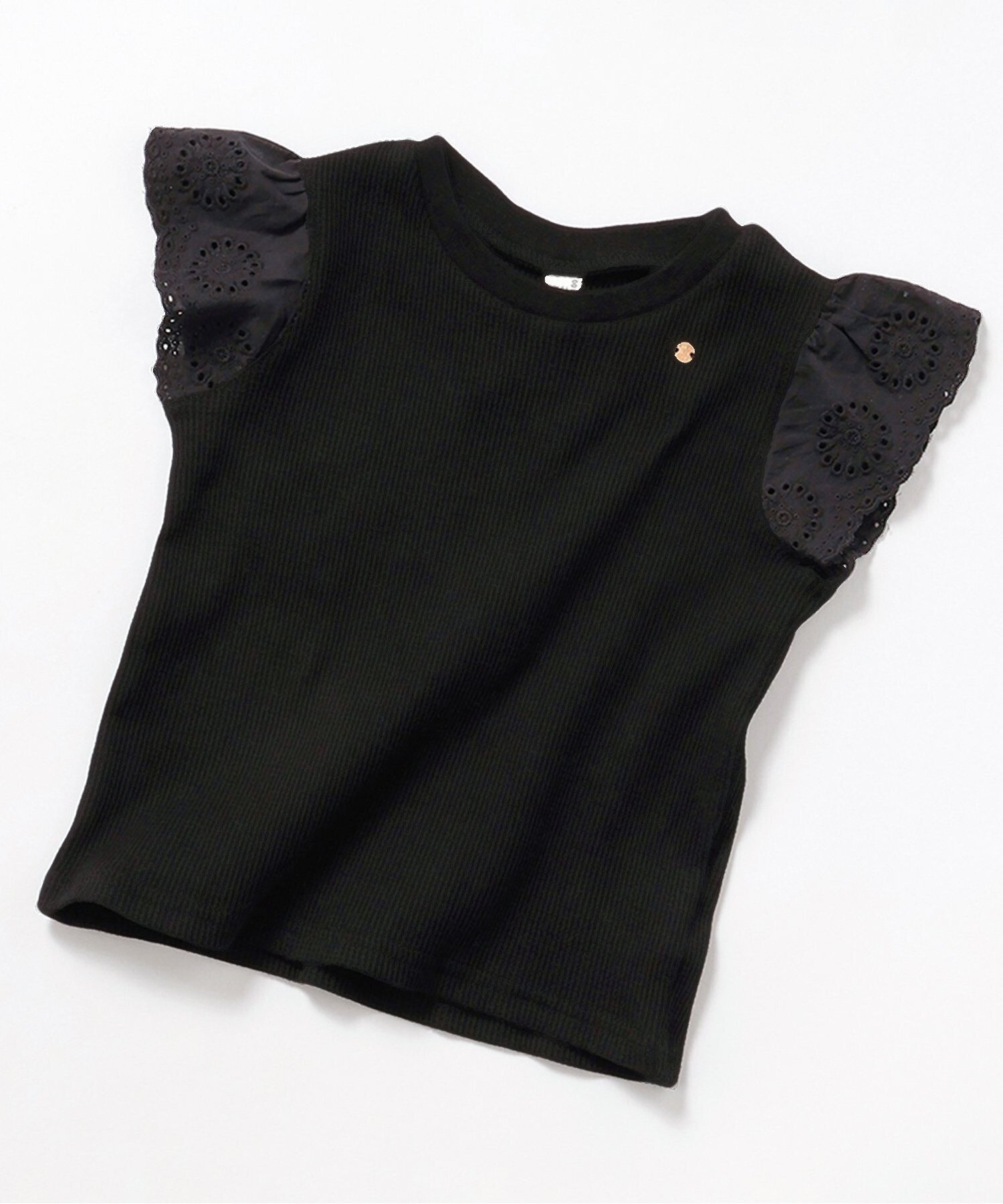 【その他のブランド/Other】のワッフルレース・フリルTシャツ インテリア・キッズ・メンズ・レディースファッション・服の通販 founy(ファニー) 　ファッション　Fashion　キッズファッション　KIDS　フリル　Frills　レース　Race　ワッフル　Waffle　半袖　Short Sleeve　ブラック|ID: prp329100004525268 ipo3291000000032061098