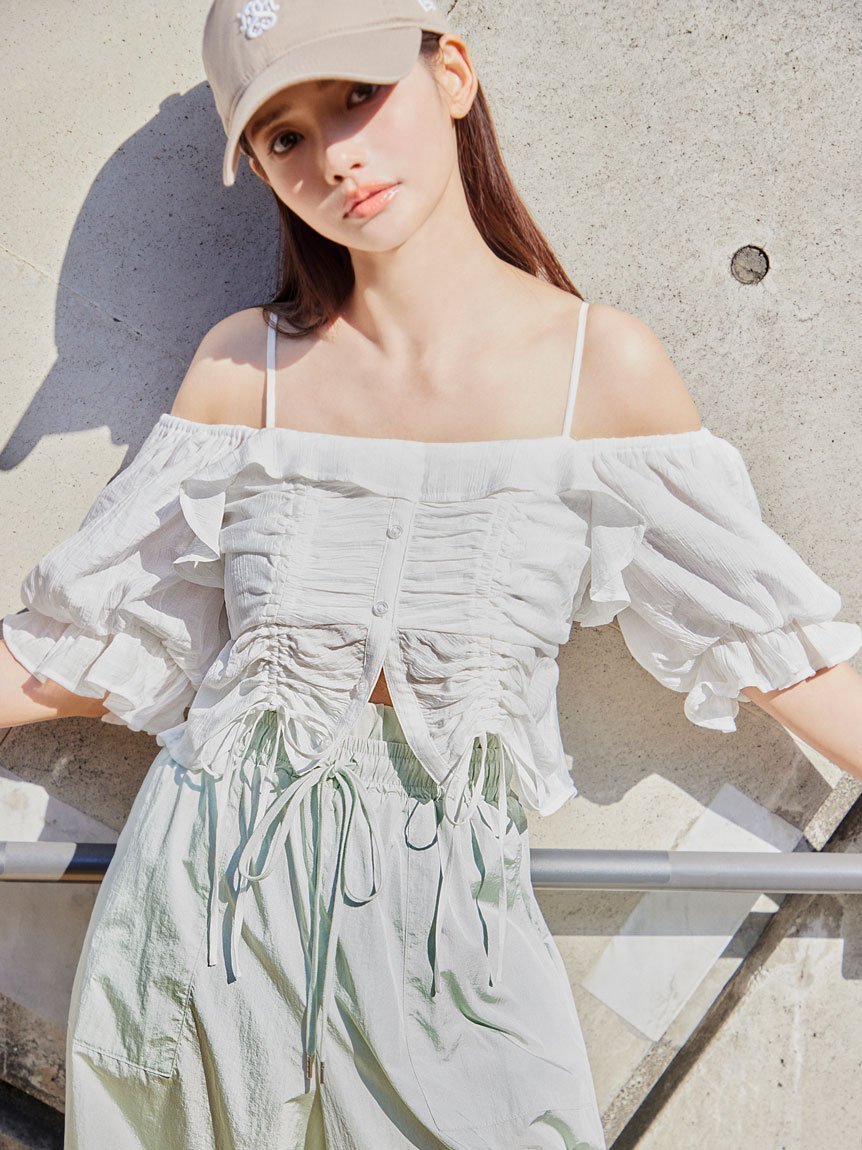 【スナイデル/SNIDEL】のクロップドバリエブラウス 人気、トレンドファッション・服の通販 founy(ファニー) 　ファッション　Fashion　レディースファッション　WOMEN　トップス・カットソー　Tops/Tshirt　シャツ/ブラウス　Shirts/Blouses　ウェーブ　Wave　オフショル　Off Shoulder　ガーリー　Girly　キャミソール　Camisole　ギャザー　Gather　クロップド　Cropped　シャーリング　Shirring　スポーティ　Sporty　チェック　Check　チュール　Tulle　デニム　Denim　バルーン　Balloon　フィット　Fit　フリル　Frills　フレア　Flare　無地　Plain Color　ラップ　Wrap　ワイド　Wide　ワッシャー　Washer　おすすめ　Recommend　 other-1|ID: prp329100004525285 ipo3291000000032409346