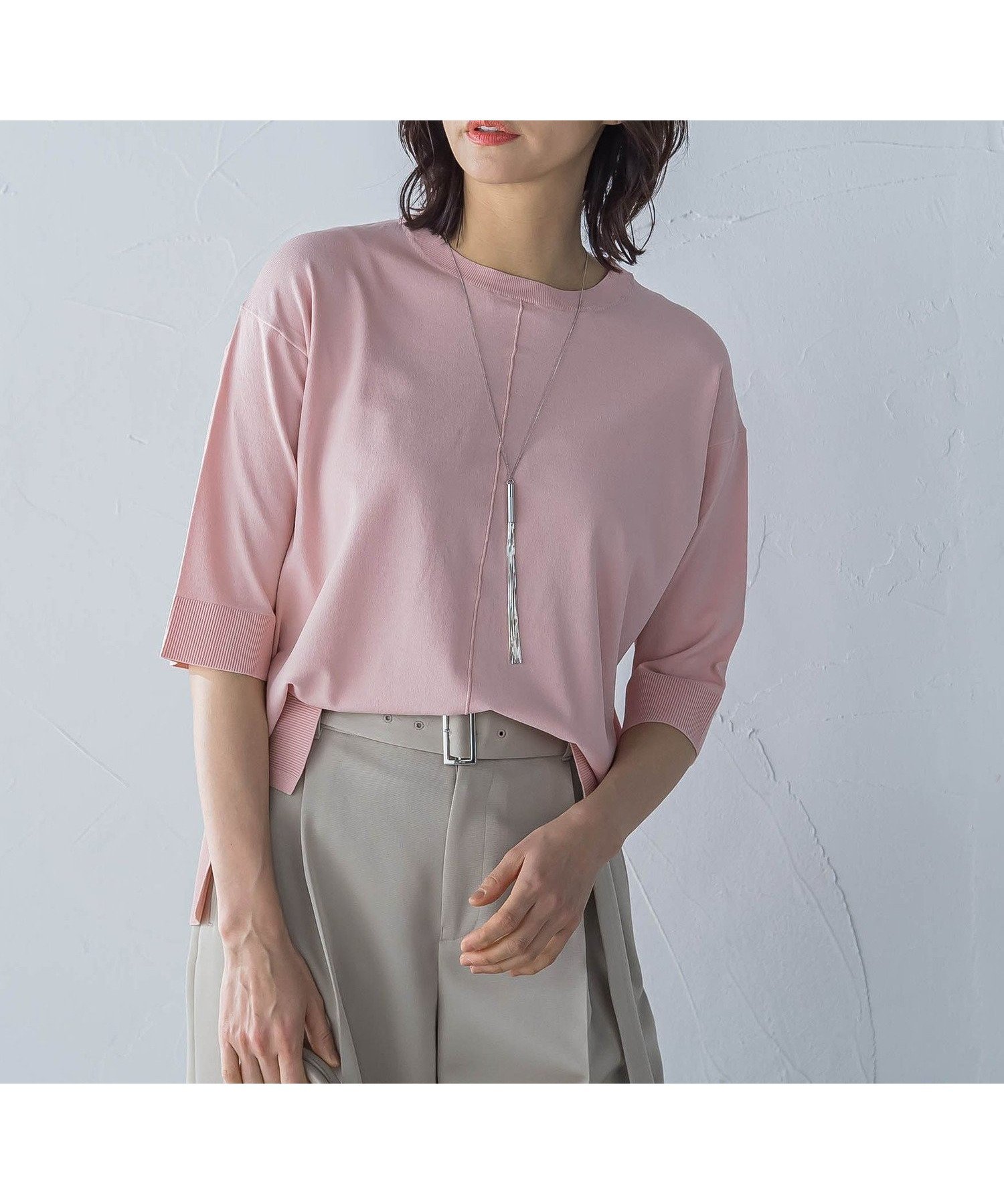 【ロートレ アモン/LAUTRE AMONT】の5分袖Tシャツライクニット≪手洗い可能≫ インテリア・キッズ・メンズ・レディースファッション・服の通販 founy(ファニー) 　ファッション　Fashion　レディースファッション　WOMEN　トップス・カットソー　Tops/Tshirt　ニット　Knit Tops　シャツ/ブラウス　Shirts/Blouses　ロング / Tシャツ　T-Shirts　ストレッチ　Stretch　エレガント 上品　Elegant　ピンク|ID: prp329100004525373 ipo3291000000032007201