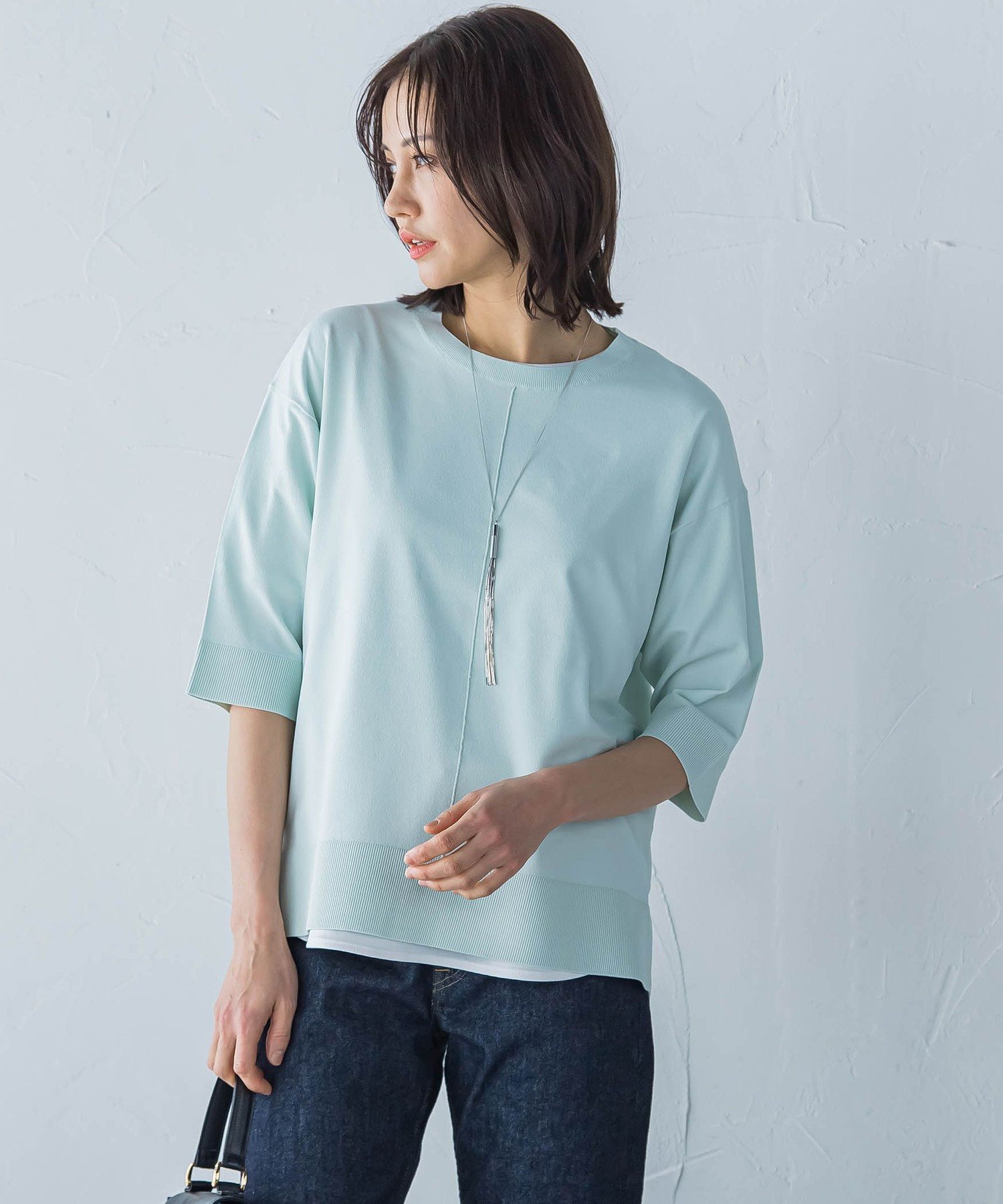 【ロートレ アモン/LAUTRE AMONT】の5分袖Tシャツライクニット≪手洗い可能≫ インテリア・キッズ・メンズ・レディースファッション・服の通販 founy(ファニー) 　ファッション　Fashion　レディースファッション　WOMEN　トップス・カットソー　Tops/Tshirt　ニット　Knit Tops　シャツ/ブラウス　Shirts/Blouses　ロング / Tシャツ　T-Shirts　ストレッチ　Stretch　エレガント 上品　Elegant　グリーン|ID: prp329100004525373 ipo3291000000032007202