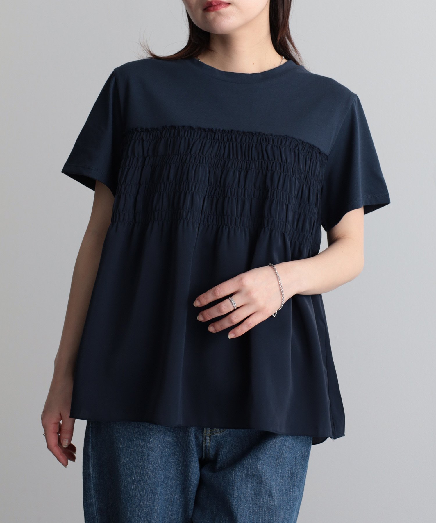 【ラナン/Ranan】のRanan/ビスチェ重ね着風Tシャツ インテリア・キッズ・メンズ・レディースファッション・服の通販 founy(ファニー) 　ファッション　Fashion　レディースファッション　WOMEN　トップス・カットソー　Tops/Tshirt　シャツ/ブラウス　Shirts/Blouses　ロング / Tシャツ　T-Shirts　ビスチェ　Bustier　グラデーション　Gradation　テクスチャー　Texture　ビスチェ　Bustier　ネイビー|ID: prp329100004525384 ipo3291000000032007254