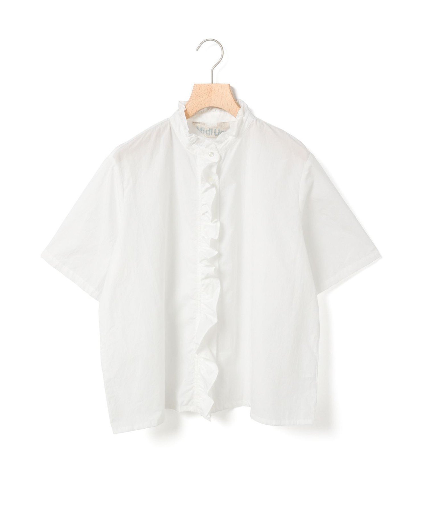 【マーコート/MARcourt】のMidiUmi ハーフスリーブフリルショートシャツ インテリア・キッズ・メンズ・レディースファッション・服の通販 founy(ファニー) 　ファッション　Fashion　レディースファッション　WOMEN　トップス・カットソー　Tops/Tshirt　シャツ/ブラウス　Shirts/Blouses　スタンド　Stand　タイプライター　Typewriter　フリル　Frills　フロント　Front　ポケット　Pocket　ワイド　Wide　エレガント 上品　Elegant　人気　Popularity　半袖　Short Sleeve　夏　Summer　無地　Plain Color　オフホワイト|ID: prp329100004525400 ipo3291000000032007324