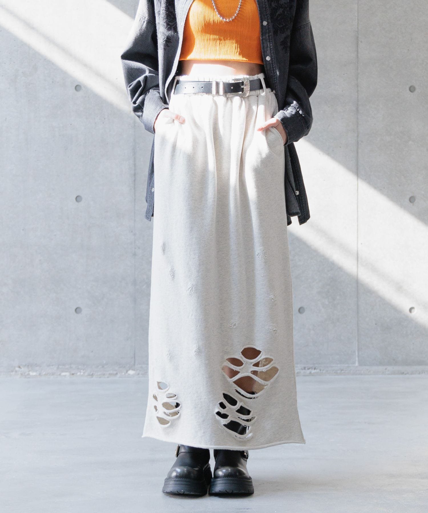 【ページボーイ/PAGEBOY】のダメージウラケナロースカート インテリア・キッズ・メンズ・レディースファッション・服の通販 founy(ファニー) 　ファッション　Fashion　レディースファッション　WOMEN　スカート　Skirt　ストレッチ　Stretch　ダメージ　Damage　ポケット　Pocket　ミックス　Mix　ランダム　Random　オートミール50|ID: prp329100004525477 ipo3291000000032007677