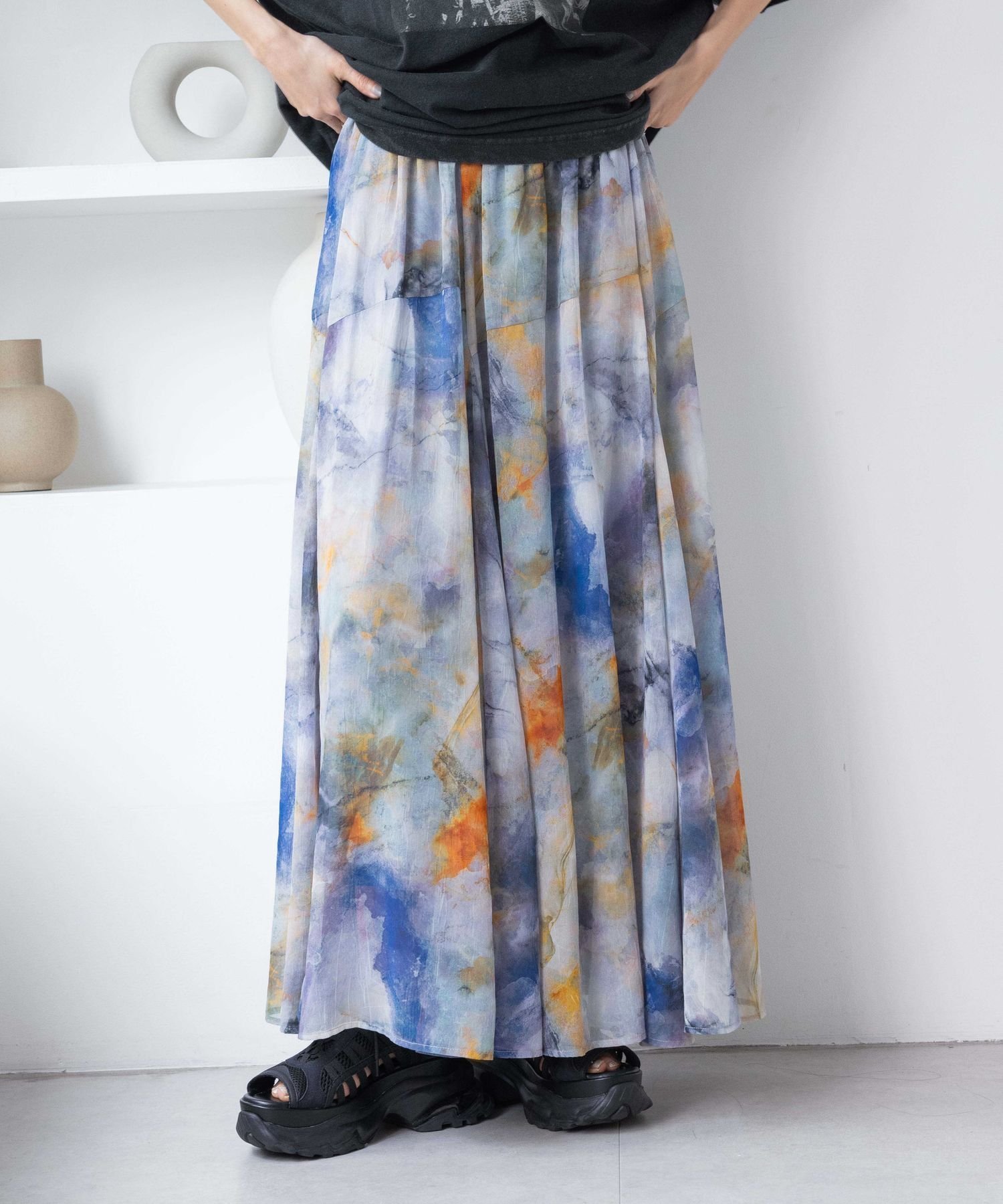 【ジーナシス/JEANASiS】のニュアンスプリントフレアスカート インテリア・キッズ・メンズ・レディースファッション・服の通販 founy(ファニー) 　ファッション　Fashion　レディースファッション　Fashion for Women　スカート　Skirts　Aライン・フレアスカート　A-Line & Flared Skirts　おすすめ　Recommended / Our Picks　シアー　Sheer, See-Through　シフォン　Chiffon, Lightweight Fabric　デニム　Denim, Jeans Material　フレア　Flare, Flared　プリント　Print, Printed Pattern　ミドル　Middle Length, Mid Height　夏　Summer　無地　Plain, Solid Color　ブルー系その他|ID: prp329100004525483 ipo3291000000032547016