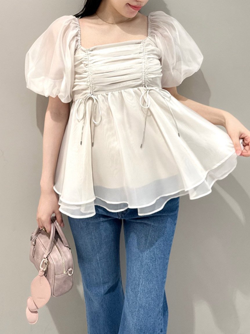 【スナイデル/SNIDEL】のシアーチュニックブラウス インテリア・キッズ・メンズ・レディースファッション・服の通販 founy(ファニー) 　ファッション　Fashion　レディースファッション　Fashion for Women　トップス・カットソー　Cut & Sew Tops　シャツ・ブラウス・オフィスカジュアル　Elegant Blouses & Button-Ups　アクセサリー　Fashion Accessories　ギャザー　Gathered, Ruffled　スクエア　Square, Square Shape　ネックレス　Necklace, Pendant Necklace　IVR[003]|ID: prp329100004525560 ipo3291000000033637365