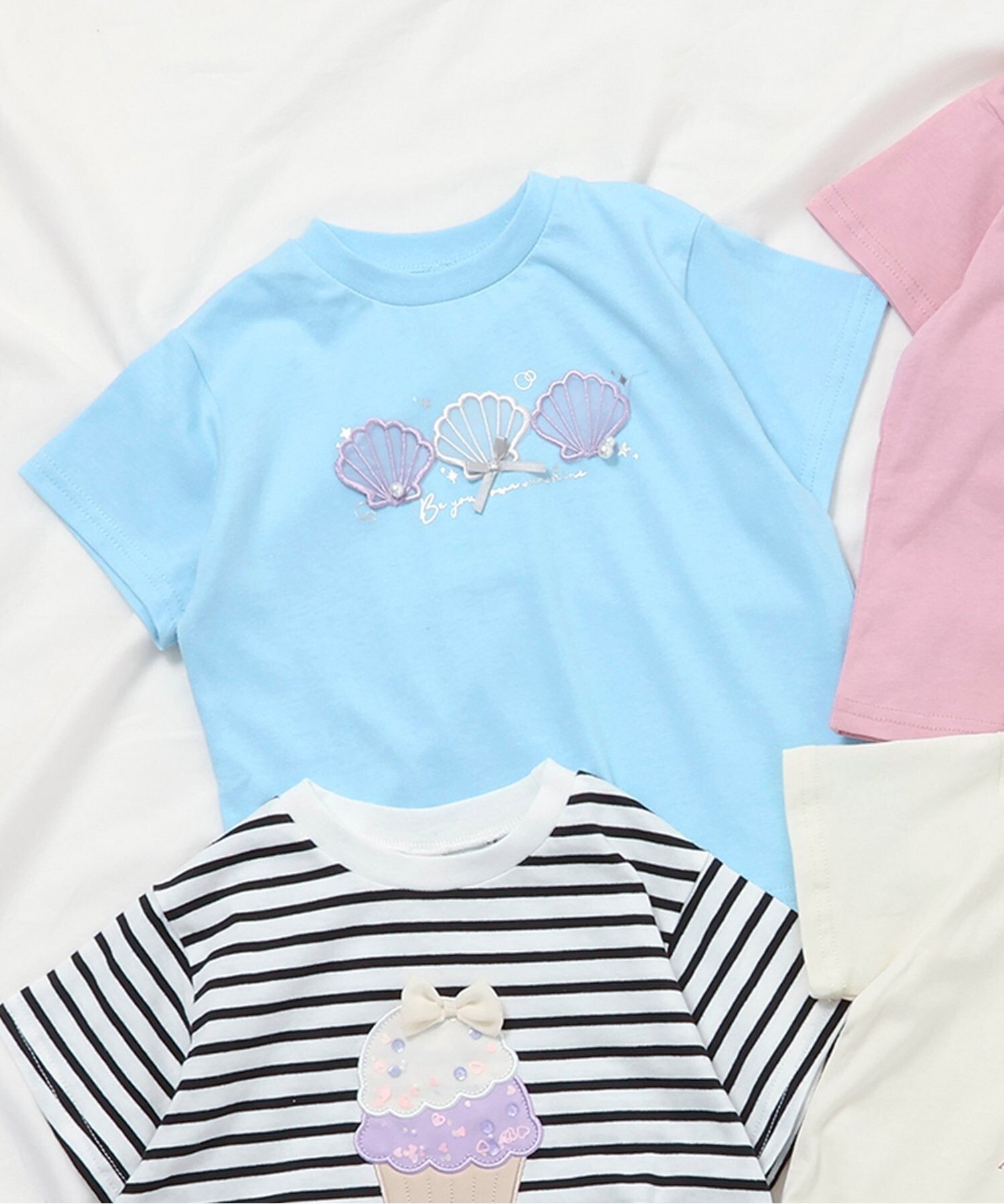 【その他のブランド/Other】の8柄バラエティモチーフTシャツ インテリア・キッズ・メンズ・レディースファッション・服の通販 founy(ファニー) 　ファッション　Fashion　キッズファッション　KIDS　おすすめ　Recommend　モチーフ　Motif　リボン　Ribbon　サックス|ID: prp329100004525607 ipo3291000000032069694