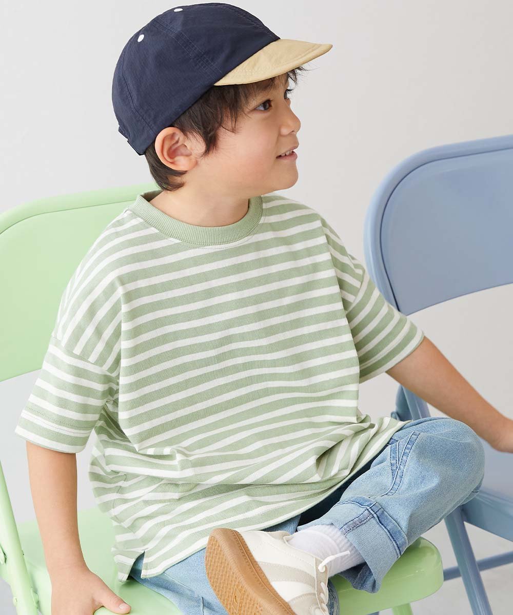 【デビロック/devirock / KIDS】の綿100% お洗濯してもよれにくい ビッグシルエット ボーダー 半袖Tシャツ 25SS インテリア・キッズ・メンズ・レディースファッション・服の通販 founy(ファニー) 　ファッション　Fashion　キッズファッション　KIDS　2025年　2025　2025春夏・S/S　Ss,Spring/Summer,2025　ビッグ　Big　ボーダー　Border　半袖　Short Sleeve　008-グリーン|ID: prp329100004525659 ipo3291000000032071011