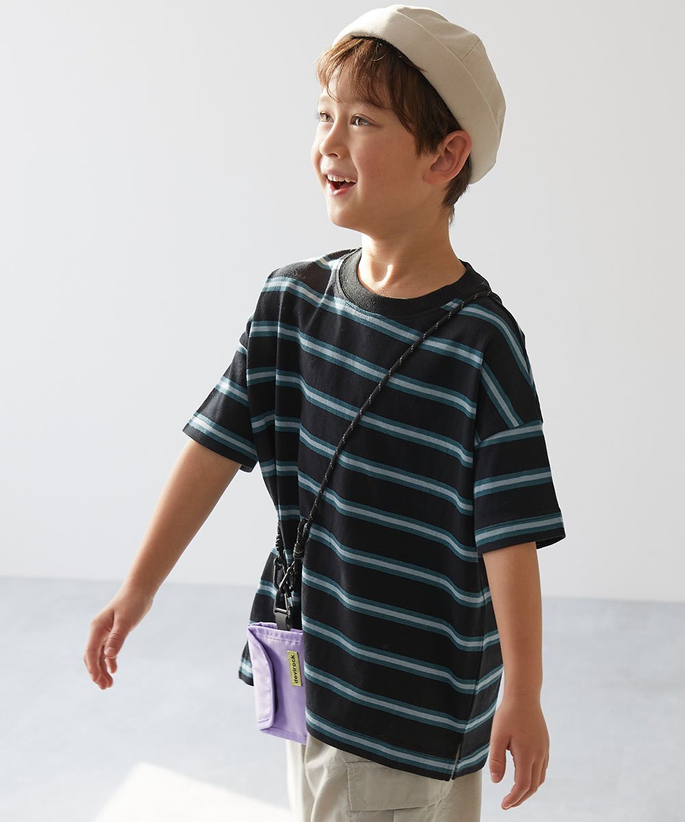 【デビロック/devirock / KIDS】の綿100% お洗濯してもよれにくい ビッグシルエット ボーダー 半袖Tシャツ 25SS インテリア・キッズ・メンズ・レディースファッション・服の通販 founy(ファニー) 　ファッション　Fashion　キッズファッション　KIDS　2025年　2025　2025春夏・S/S　Ss,Spring/Summer,2025　ビッグ　Big　ボーダー　Border　半袖　Short Sleeve　010-ブラック-ダスティブルー|ID: prp329100004525659 ipo3291000000032071013