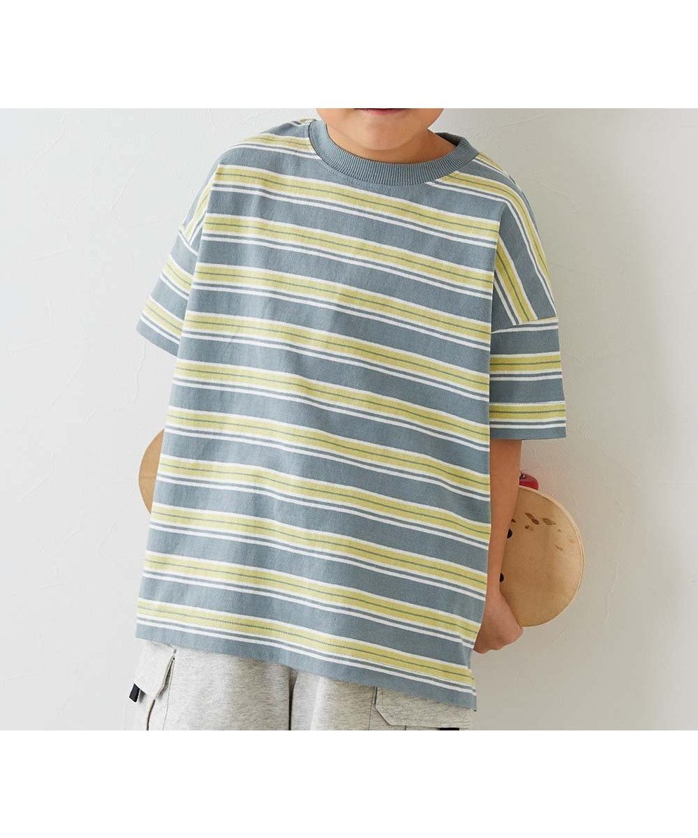 【デビロック/devirock / KIDS】の綿100% お洗濯してもよれにくい ビッグシルエット ボーダー 半袖Tシャツ 25SS インテリア・キッズ・メンズ・レディースファッション・服の通販 founy(ファニー) 　ファッション　Fashion　キッズファッション　KIDS　2025年　2025　2025春夏・S/S　Ss,Spring/Summer,2025　ビッグ　Big　ボーダー　Border　半袖　Short Sleeve　011-Dサックス-イエロー|ID: prp329100004525659 ipo3291000000032071015