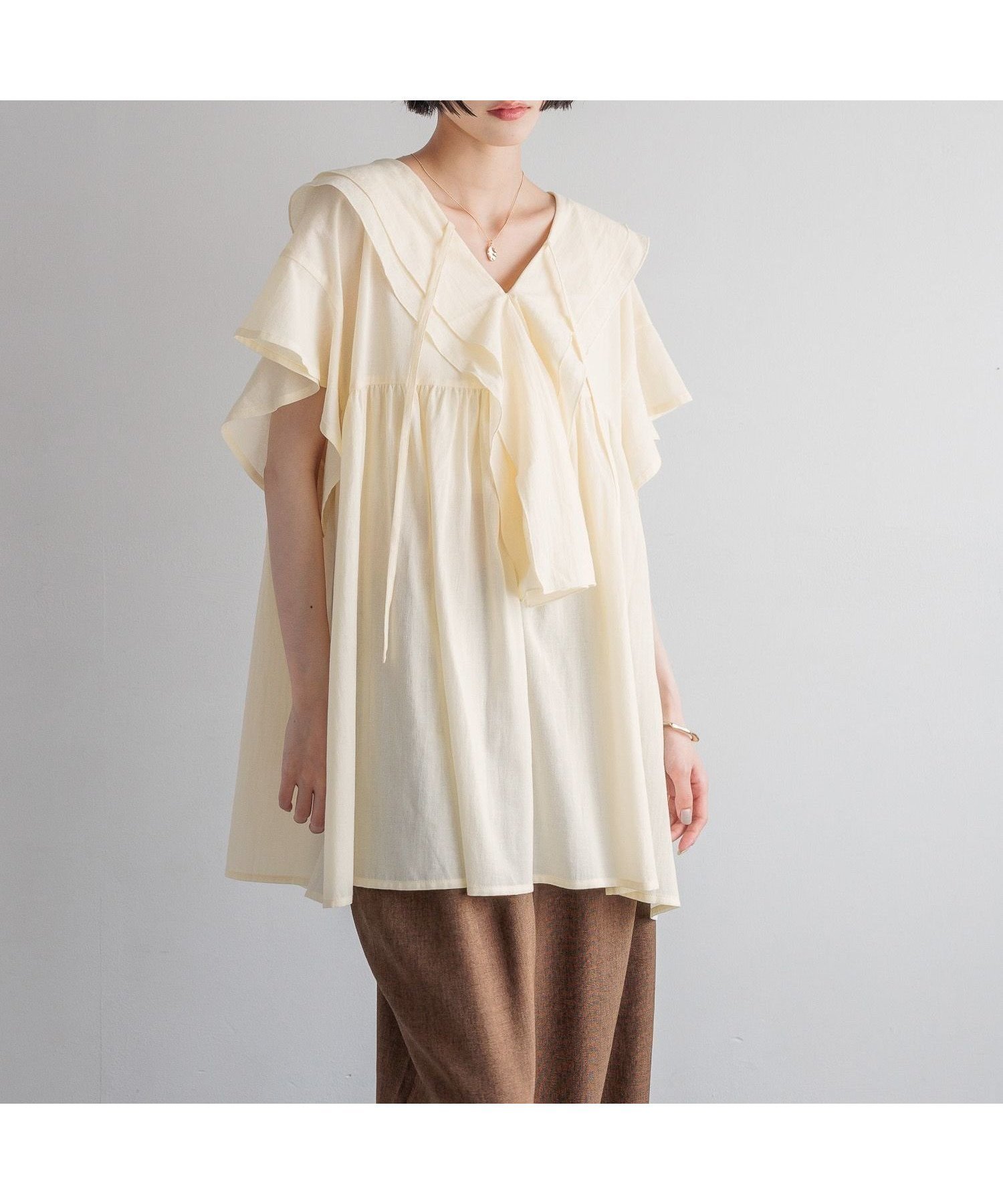 【ローリーズファーム/LOWRYS FARM】のフリルチュニックブラウス インテリア・キッズ・メンズ・レディースファッション・服の通販 founy(ファニー) 　ファッション　Fashion　レディースファッション　WOMEN　トップス・カットソー　Tops/Tshirt　シャツ/ブラウス　Shirts/Blouses　おすすめ　Recommend　ジョーゼット　Georgette　ストレート　Straight　スリーブ　Sleeve　デニム　Denim　フリル　Frills　フレンチ　French　アイボリー08|ID: prp329100004525722 ipo3291000000032008714