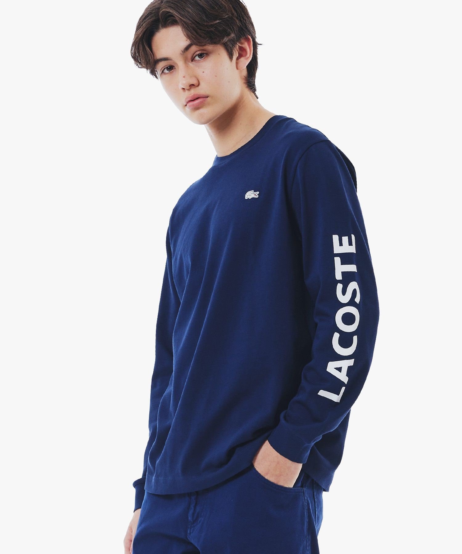 【ラコステ/LACOSTE】のヘビーウェイトスリーブプリント ロングリブスリーブTシャツ インテリア・キッズ・メンズ・レディースファッション・服の通販 founy(ファニー) 　ファッション　Fashion　レディースファッション　WOMEN　トップス・カットソー　Tops/Tshirt　シャツ/ブラウス　Shirts/Blouses　ロング / Tシャツ　T-Shirts　クラシック　Classic　シンプル　Simple　スポーティ　Sporty　スマート　Smart　スリット　Slit　スリーブ　Sleeve　フィット　Fit　プリント　Print　ラバー　Rubber　ネイビー|ID: prp329100004525859 ipo3291000000032009286