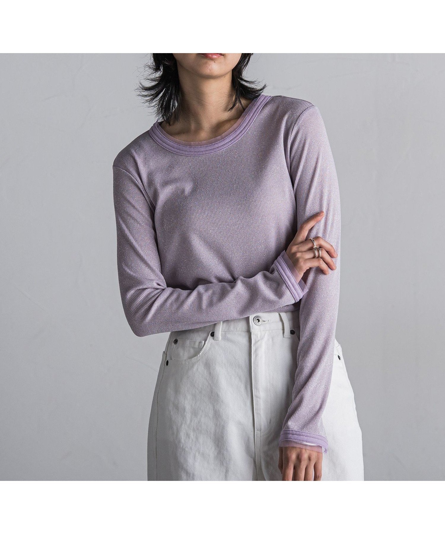 【メイソングレイ/MAYSON GREY】のチュール使いラメリブロングTシャツ≪手洗い可能≫ インテリア・キッズ・メンズ・レディースファッション・服の通販 founy(ファニー) 　ファッション　Fashion　レディースファッション　WOMEN　トップス・カットソー　Tops/Tshirt　シャツ/ブラウス　Shirts/Blouses　ロング / Tシャツ　T-Shirts　インナー　Inner　コンパクト　Compact　サロペット　Overalls　スリット　Slit　チュール　Tulle　パープル|ID: prp329100004526027 ipo3291000000032009965