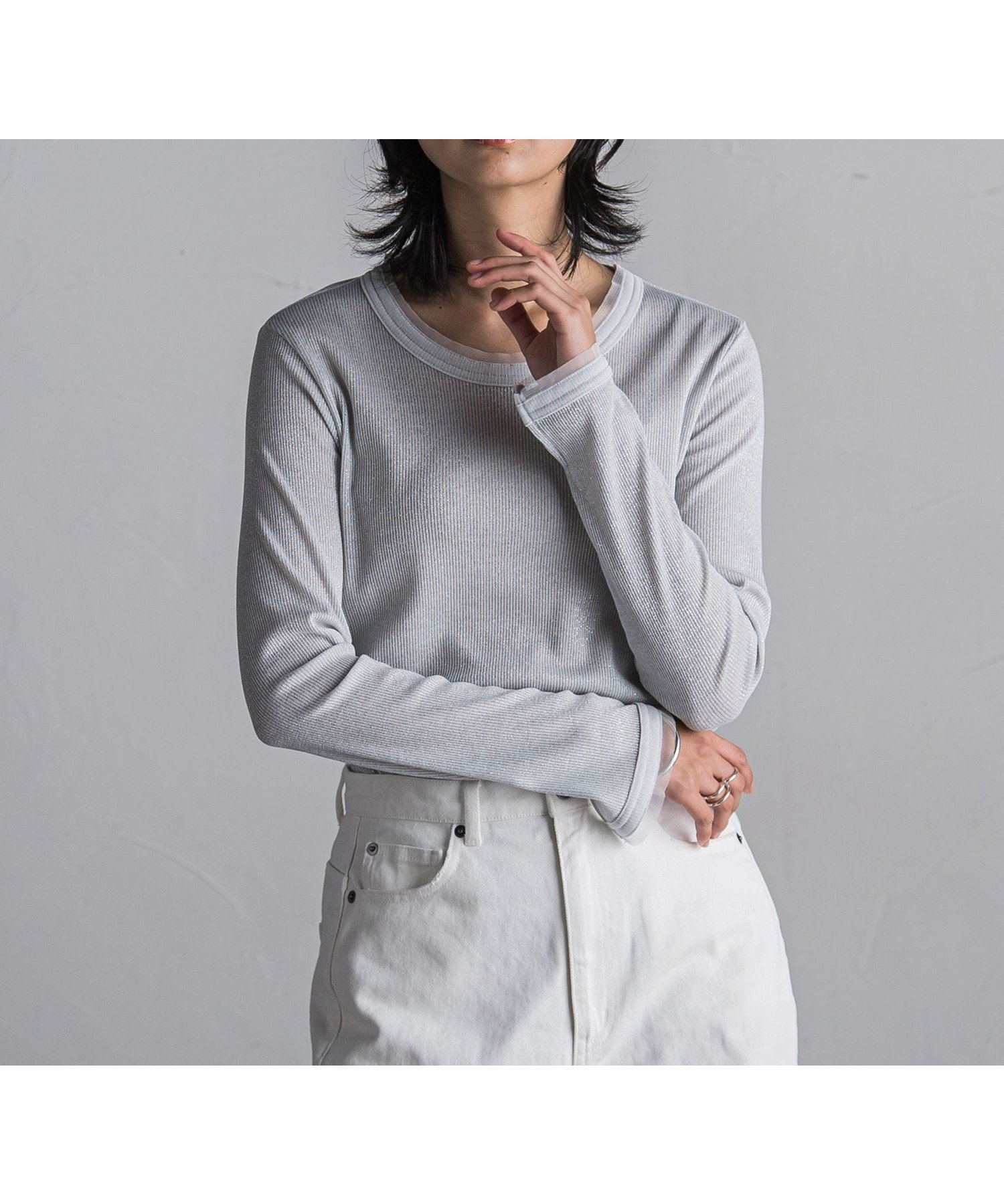 【メイソングレイ/MAYSON GREY】のチュール使いラメリブロングTシャツ≪手洗い可能≫ インテリア・キッズ・メンズ・レディースファッション・服の通販 founy(ファニー) 　ファッション　Fashion　レディースファッション　WOMEN　トップス・カットソー　Tops/Tshirt　シャツ/ブラウス　Shirts/Blouses　ロング / Tシャツ　T-Shirts　インナー　Inner　コンパクト　Compact　サロペット　Overalls　スリット　Slit　チュール　Tulle　ホワイト|ID: prp329100004526027 ipo3291000000032009967