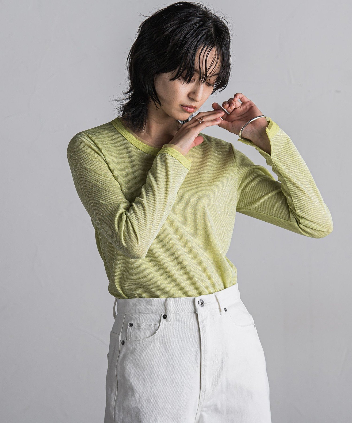 【メイソングレイ/MAYSON GREY】のチュール使いラメリブロングTシャツ≪手洗い可能≫ インテリア・キッズ・メンズ・レディースファッション・服の通販 founy(ファニー) 　ファッション　Fashion　レディースファッション　WOMEN　トップス・カットソー　Tops/Tshirt　シャツ/ブラウス　Shirts/Blouses　ロング / Tシャツ　T-Shirts　インナー　Inner　コンパクト　Compact　サロペット　Overalls　スリット　Slit　チュール　Tulle　グリーン|ID: prp329100004526027 ipo3291000000032009969