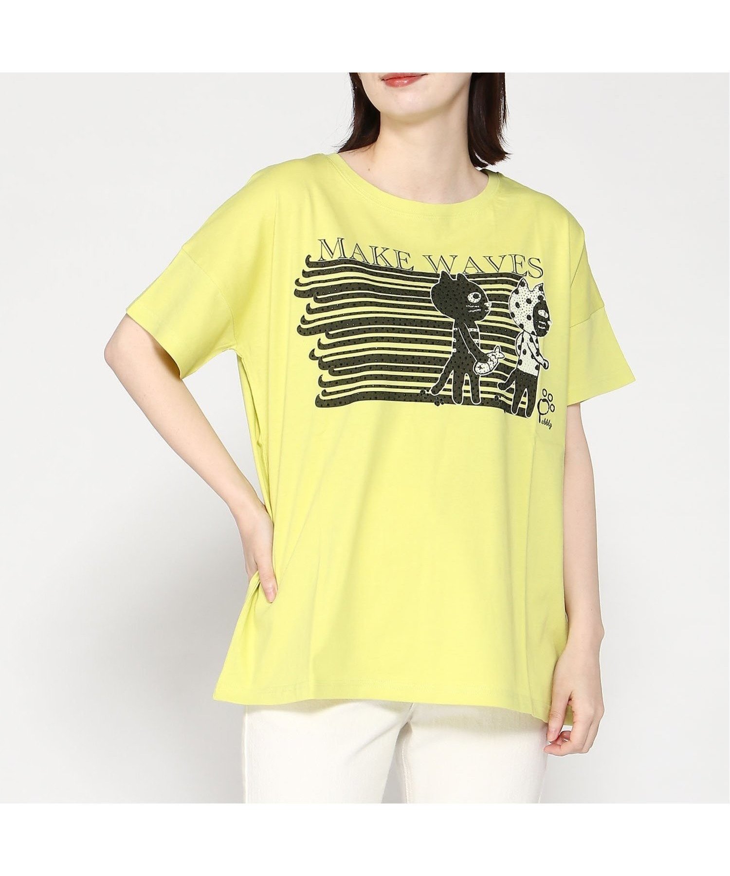 【ペブリー/Pebbly】のMe YoMakeWavesTシャツ インテリア・キッズ・メンズ・レディースファッション・服の通販 founy(ファニー) 　ファッション　Fashion　レディースファッション　WOMEN　アウター　Coat Outerwear　トップス・カットソー　Tops/Tshirt　シャツ/ブラウス　Shirts/Blouses　ロング / Tシャツ　T-Shirts　ベスト/ジレ　Gilets/Vests　シンプル　Simple　ストーン　Stone　プリント　Print　リラックス　Relax　猫　Cat　イエロー|ID: prp329100004526171 ipo3291000000032010629