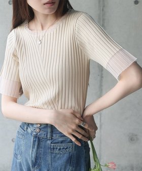 【バブ ブージュルード/Bab Bou Jeloud】のシアー使い5分袖リブニットトップス 人気、トレンドファッション・服の通販 founy(ファニー) ファッション Fashion レディースファッション WOMEN トップス・カットソー Tops/Tshirt ニット Knit Tops クール Cool 切替 Switching シアー Sheer シンプル Simple ストレッチ Stretch スラックス Slacks スリット Slit デニム Denim フィット Fit フェミニン Feminine フロント Front マニッシュ Mannish ランダム Random リブニット Rib Knit おすすめ Recommend |ID:prp329100004526177