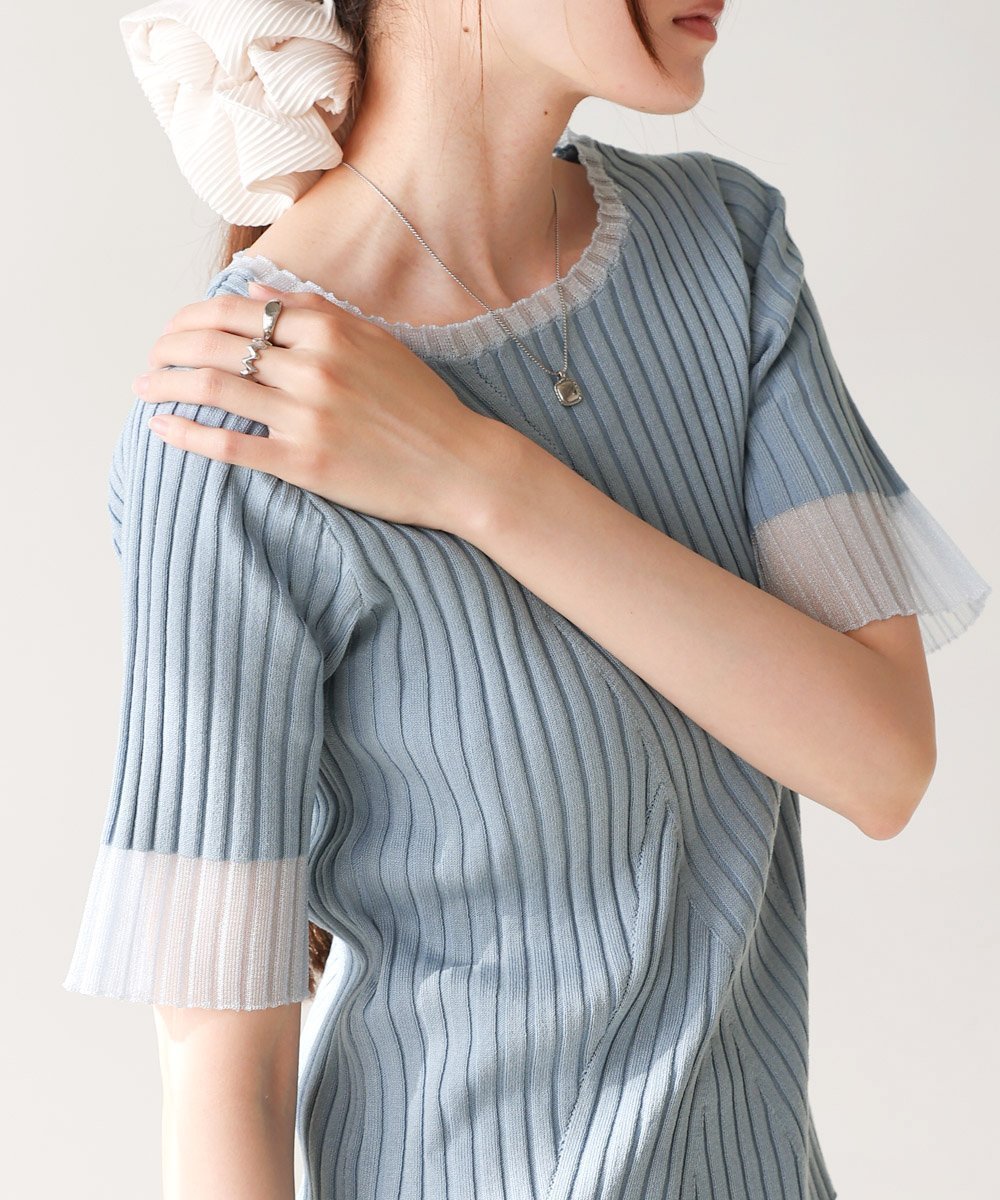 【バブ ブージュルード/Bab Bou Jeloud】のシアー使い5分袖リブニットトップス インテリア・キッズ・メンズ・レディースファッション・服の通販 founy(ファニー) 　ファッション　Fashion　レディースファッション　WOMEN　トップス・カットソー　Tops/Tshirt　ニット　Knit Tops　クール　Cool　切替　Switching　シアー　Sheer　シンプル　Simple　ストレッチ　Stretch　スラックス　Slacks　スリット　Slit　デニム　Denim　フィット　Fit　フェミニン　Feminine　フロント　Front　マニッシュ　Mannish　ランダム　Random　リブニット　Rib Knit　おすすめ　Recommend　BLUE|ID: prp329100004526177 ipo3291000000032010669