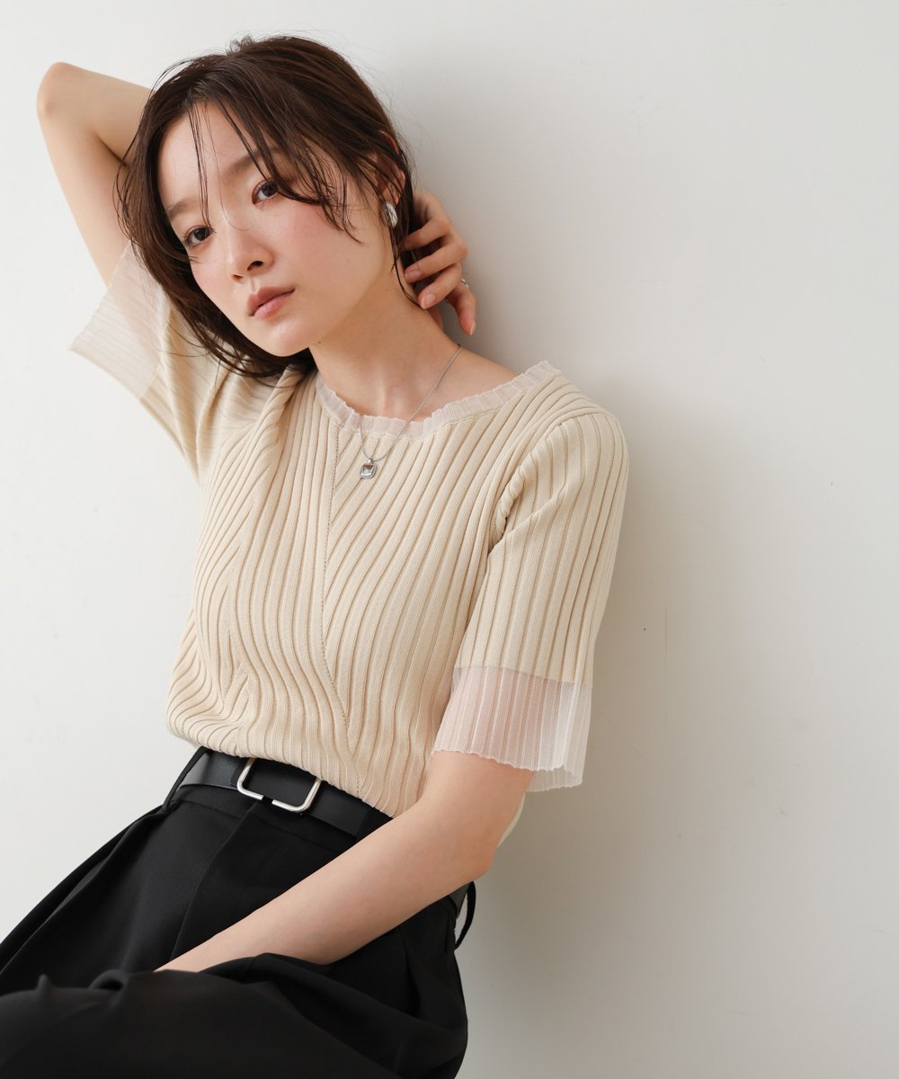 【バブ ブージュルード/Bab Bou Jeloud】のシアー使い5分袖リブニットトップス/サマーニット 人気、トレンドファッション・服の通販 founy(ファニー) 　ファッション　Fashion　レディースファッション　Fashion for Women　トップス・カットソー　Cut & Sew Tops　ニット　Knit Tops & Sweaters　クール　Cool, Chic　切替　Switching, Contrast Panel　サマー　Summer, Summer Style　シアー　Sheer, See-Through　シンプル　Simple, Minimal　ストレッチ　Stretch, Stretchy Fabric　スラックス　Slacks, Dress Pants　デニム　Denim, Jeans Material　フィット　Fit, Slim Fit　フェミニン　Feminine, Girly　フロント　Front, Front Design　マニッシュ　Mannish, Boyish　ランダム　Random, Irregular　リブニット　Rib Knit, Ribbed Knit　おすすめ　Recommended / Our Picks　夏　Summer　 other-1|ID: prp329100004526177 ipo3291000000033503923