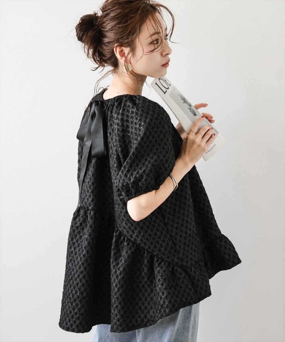 【その他のブランド/Other】のバックリボンペプラムトップス インテリア・キッズ・メンズ・レディースファッション・服の通販 founy(ファニー) 　ファッション　Fashion　レディースファッション　WOMEN　トップス・カットソー　Tops/Tshirt　サテン　Satin　スリーブ　Sleeve　デニム　Denim　ペプラム　Peplum　リボン　Ribbon　ブラック|ID: prp329100004526193 ipo3291000000032241013