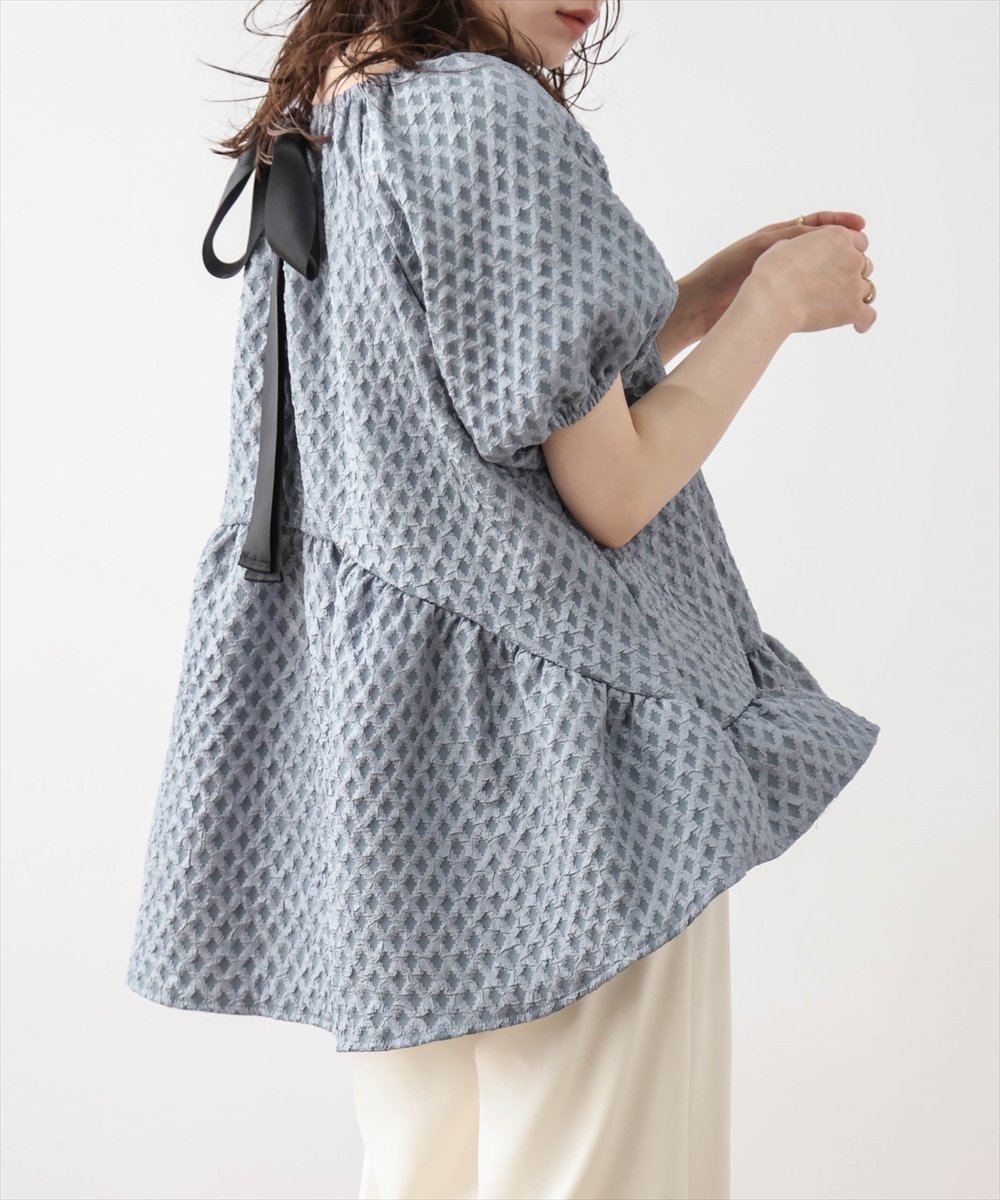 【その他のブランド/Other】のバックリボンペプラムトップス インテリア・キッズ・メンズ・レディースファッション・服の通販 founy(ファニー) 　ファッション　Fashion　レディースファッション　WOMEN　トップス・カットソー　Tops/Tshirt　サテン　Satin　スリーブ　Sleeve　デニム　Denim　ペプラム　Peplum　リボン　Ribbon　ブルー|ID: prp329100004526193 ipo3291000000032241014