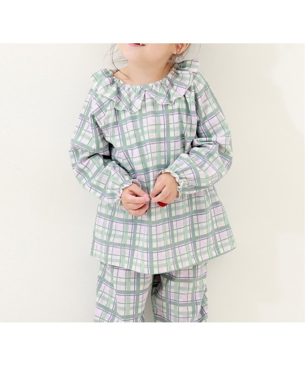 【デビロック/devirock / KIDS】のどっちも前 フリルパジャマ ルームウェア 長袖ルームウェア パジャマ 24AW インテリア・キッズ・メンズ・レディースファッション・服の通販 founy(ファニー) 　ファッション　Fashion　キッズファッション　KIDS　長袖　Long Sleeve　パジャマ　Pajamas　フリル　Frills　おすすめ　Recommend　お家時間・ステイホーム　Home Time/Stay Home　2024年　2024　2024-2025秋冬・A/W　Aw/Autumn/Winter/Fw/Fall/2024-2025　005-チェック-ダスティブルー|ID: prp329100004526206 ipo3291000000032107569