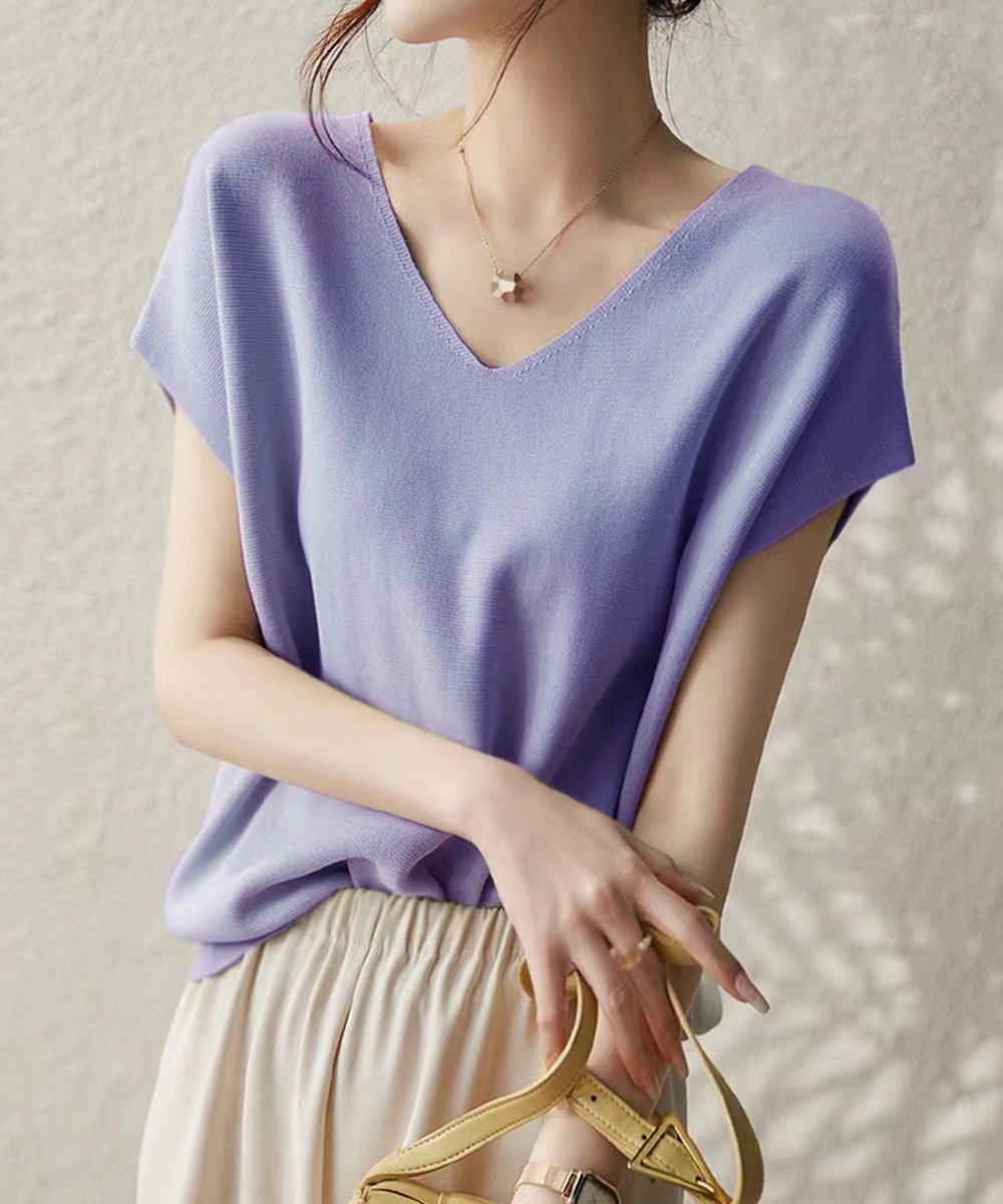 【ミニミニストア/miniministore】のニットトップス レディース 韓国春秋夏服 インテリア・キッズ・メンズ・レディースファッション・服の通販 founy(ファニー) 　ファッション　Fashion　レディースファッション　WOMEN　トップス・カットソー　Tops/Tshirt　ニット　Knit Tops　イエロー　Yellow　サマー　Summer　ショルダー　Shoulder　ドロップ　Drop　ボトム　Bottom　半袖　Short Sleeve　無地　Plain Color　ラベンダー　Lavender　夏　Summer　エレガント 上品　Elegant　ビジネス 仕事 通勤　Business　ラベンダー|ID: prp329100004526523 ipo3291000000032317969