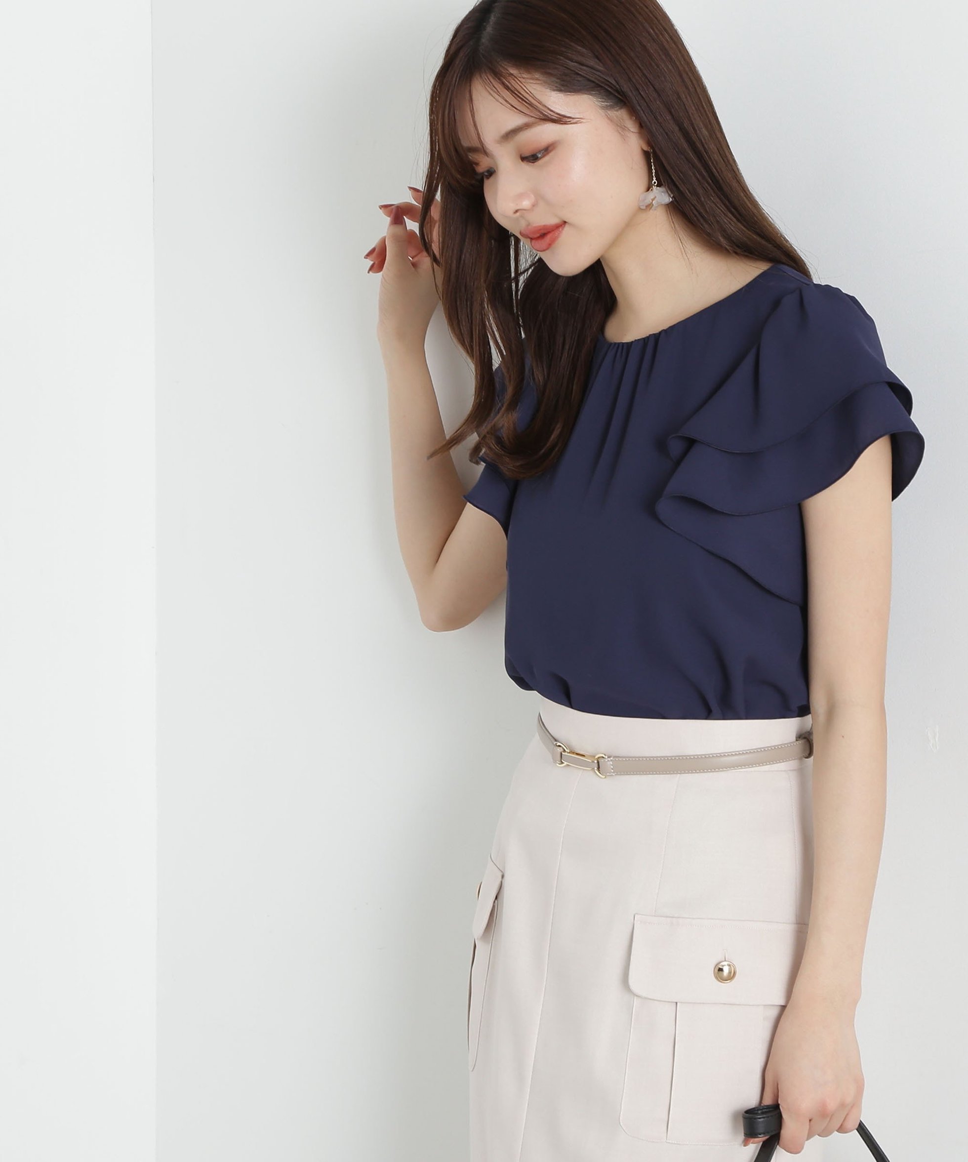 【プロポーション ボディドレッシング/PROPORTION BODY DRESSING】のダブルラッフルスリーブブラウス インテリア・キッズ・メンズ・レディースファッション・服の通販 founy(ファニー) 　ファッション　Fashion　レディースファッション　WOMEN　トップス・カットソー　Tops/Tshirt　シャツ/ブラウス　Shirts/Blouses　フェミニン　Feminine　ラッフル　Raffle　ネイビー|ID: prp329100004527214 ipo3291000000032015605