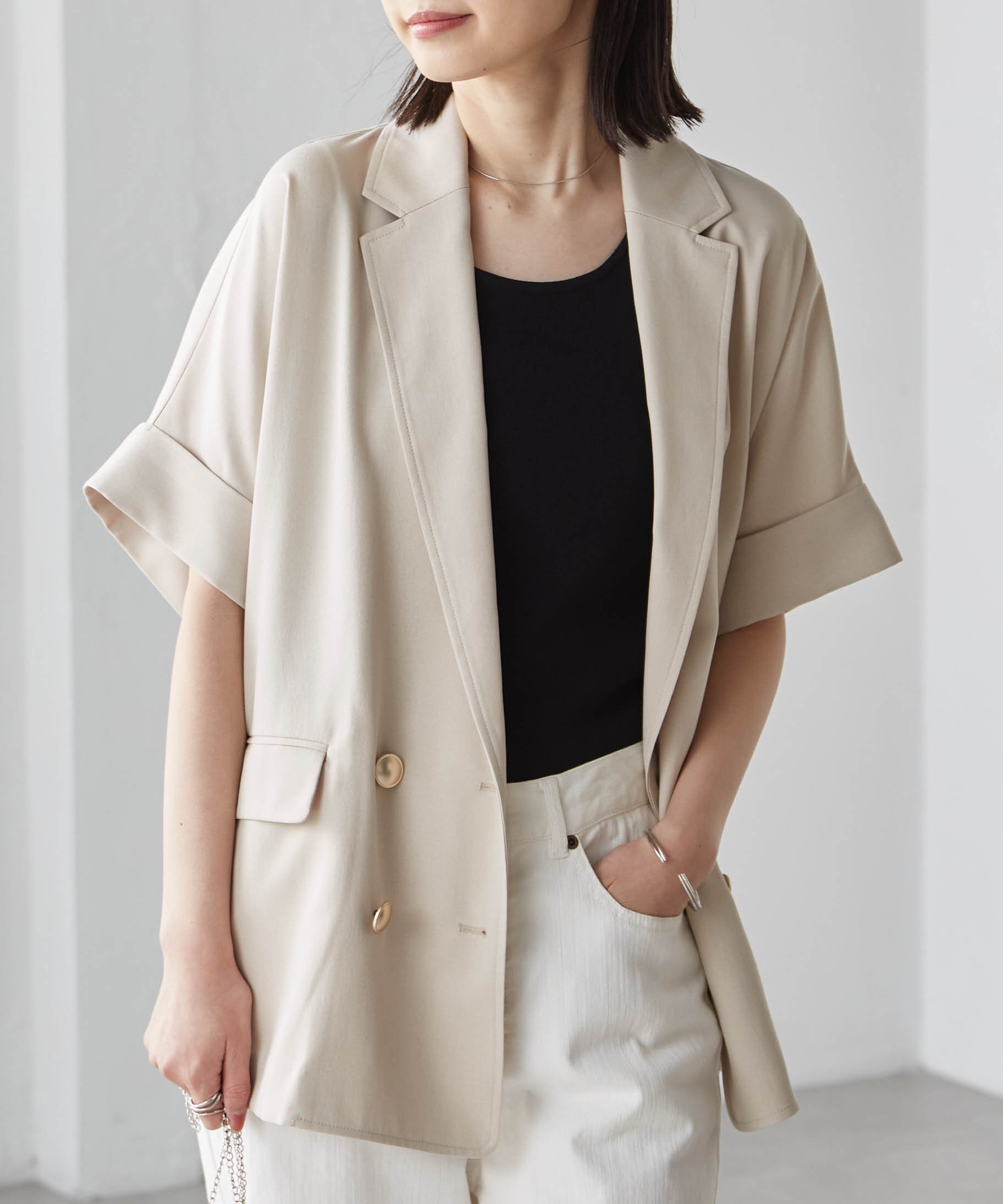 【ラナン/Ranan】のRanan/麻調ダブルボタンハーフスリーブジャケット インテリア・キッズ・メンズ・レディースファッション・服の通販 founy(ファニー) 　ファッション　Fashion　レディースファッション　WOMEN　アウター　Coat Outerwear　ジャケット　Jackets　ジャケット　Jacket　ダブル　Double　デニム　Denim　フラップ　Flap　ボックス　Box　ポケット　Pocket　リラックス　Relax　ベージュ|ID: prp329100004527285 ipo3291000000032015894