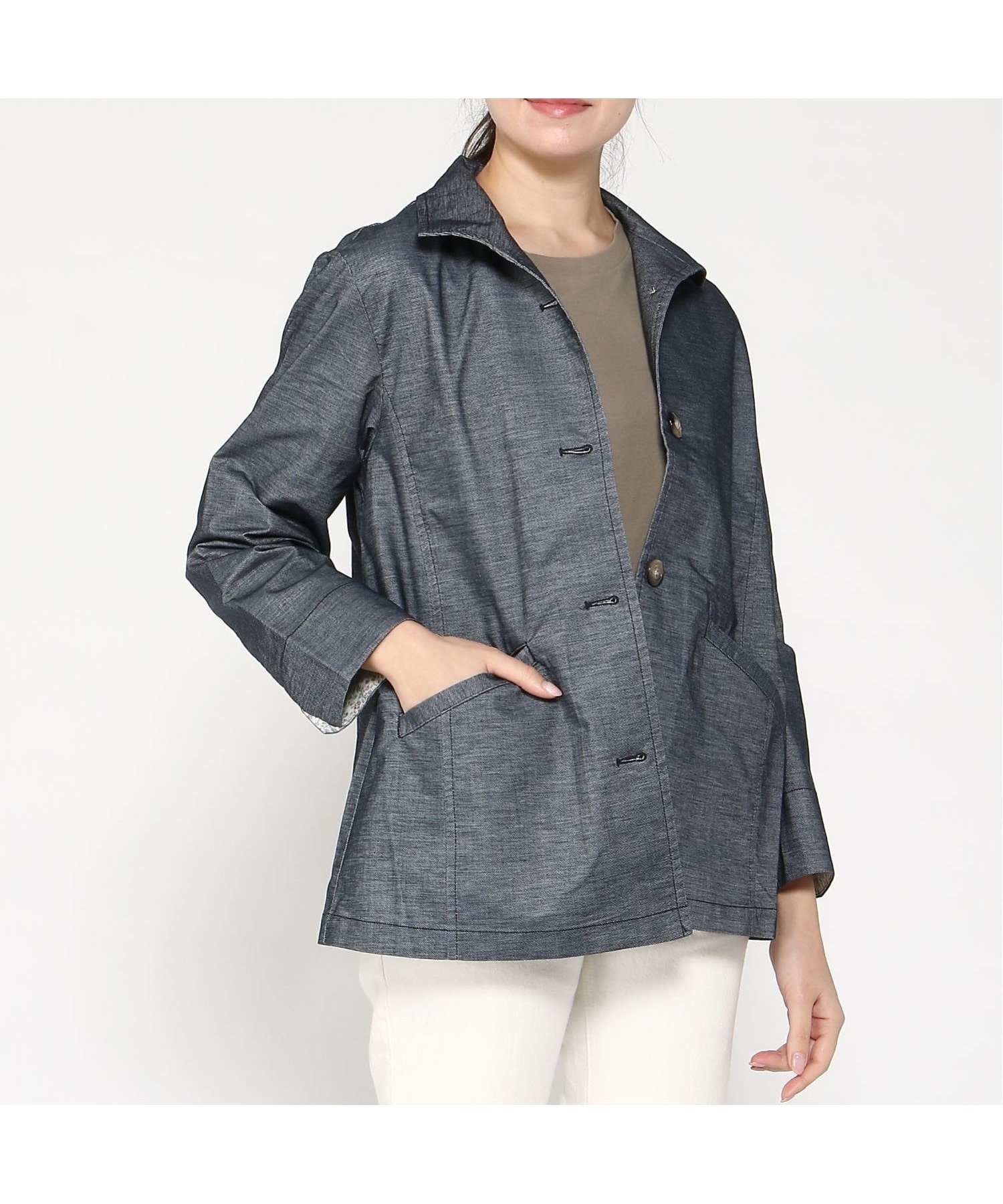 【クロコダイル/CROCODILE】のデニムライク カバーオール ジャケット インテリア・キッズ・メンズ・レディースファッション・服の通販 founy(ファニー) 　ファッション　Fashion　レディースファッション　WOMEN　アウター　Coat Outerwear　ジャケット　Jackets　インナー　Inner　ジャケット　Jacket　デニム　Denim　プリント　Print　ネイビー|ID: prp329100004527586 ipo3291000000032056376