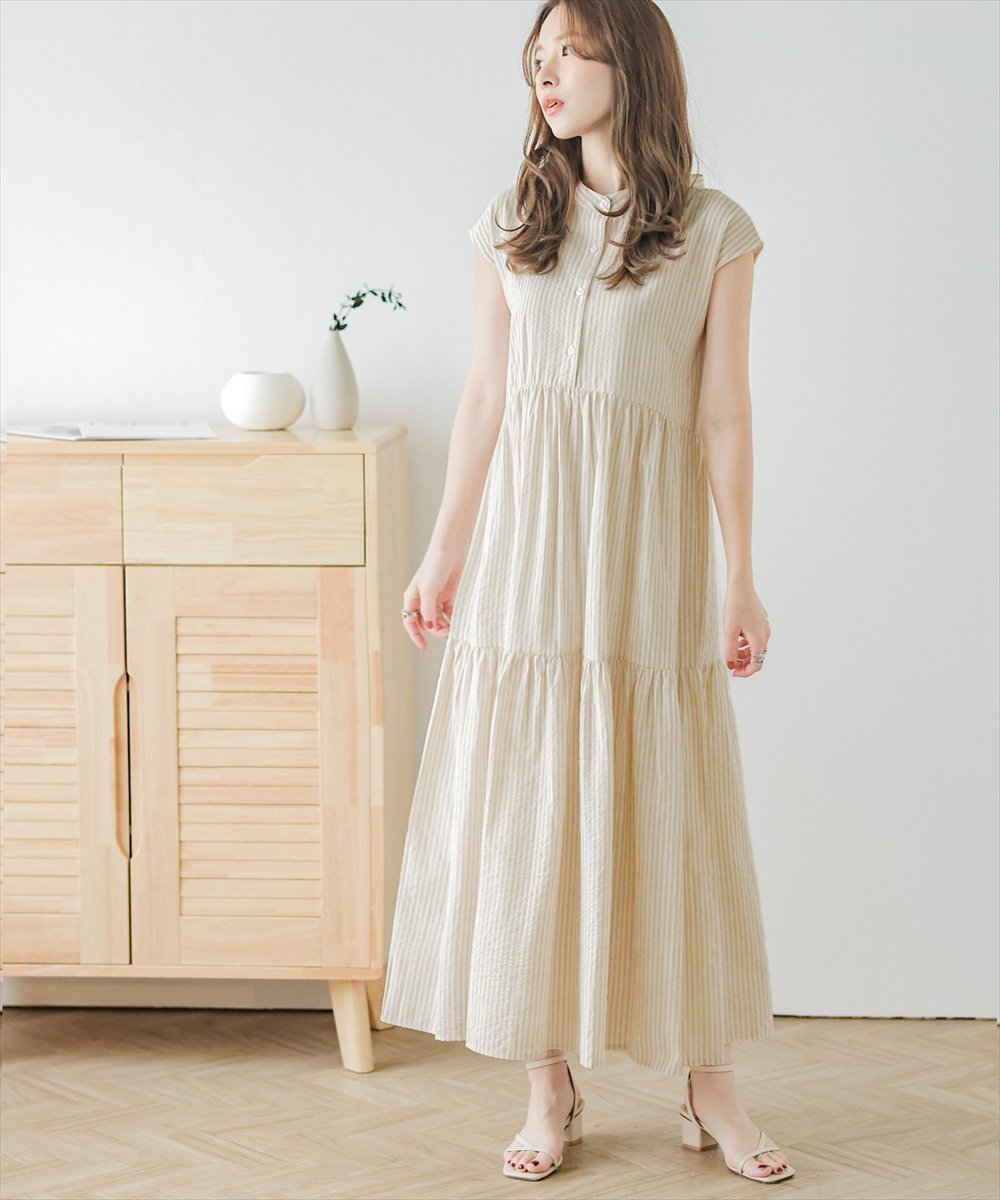 【その他のブランド/Other】のバックリボン ストライプ柄ワンピース 人気、トレンドファッション・服の通販 founy(ファニー) 　ファッション　Fashion　レディースファッション　Fashion for Women　ワンピース　Dresses　おすすめ　Recommended / Our Picks　サッカー　Seersucker, Summer Fabric　スタンド　Stand Collar, Upright Stand　ストライプ　Stripe, Striped Pattern　スリーブ　Sleeve, Long Sleeve / Short Sleeve　フレンチ　French, French Style　ペチコート　Petticoat, Underskirt　リボン　Ribbon, Bow　 other-1|ID: prp329100004527616 ipo3291000000032564620