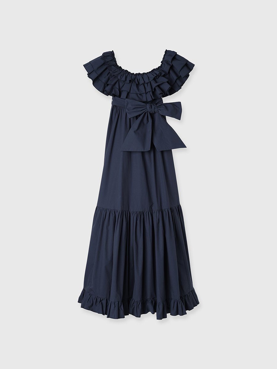 【エイミーイストワール/eimy istoire】のオフショルフリルマキシワンピース インテリア・キッズ・メンズ・レディースファッション・服の通販 founy(ファニー) 　ファッション　Fashion　レディースファッション　WOMEN　ワンピース　Dress　マキシワンピース　Maxi Dress　おすすめ　Recommend　オフショル　Off Shoulder　クラシカル　Classical　スニーカー　Sneakers　ドレス　Dress　ネックレス　Necklace　バランス　Balance　パール　Pearl　フリル　Frills　マキシ　Maxi　リゾート　Resort　リボン　Ribbon　エレガント 上品　Elegant　NAVY|ID: prp329100004527642 ipo3291000000032017363