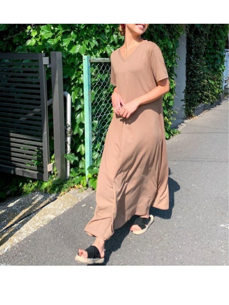 【ジュノア/JUNOAH】のAラインゆったり半袖マキシ丈ワンピース インテリア・キッズ・メンズ・レディースファッション・服の通販 founy(ファニー) 　ファッション　Fashion　レディースファッション　WOMEN　ワンピース　Dress　マキシ　Maxi　半袖　Short Sleeve　ライトブラウン|ID: prp329100004527645 ipo3291000000032305425